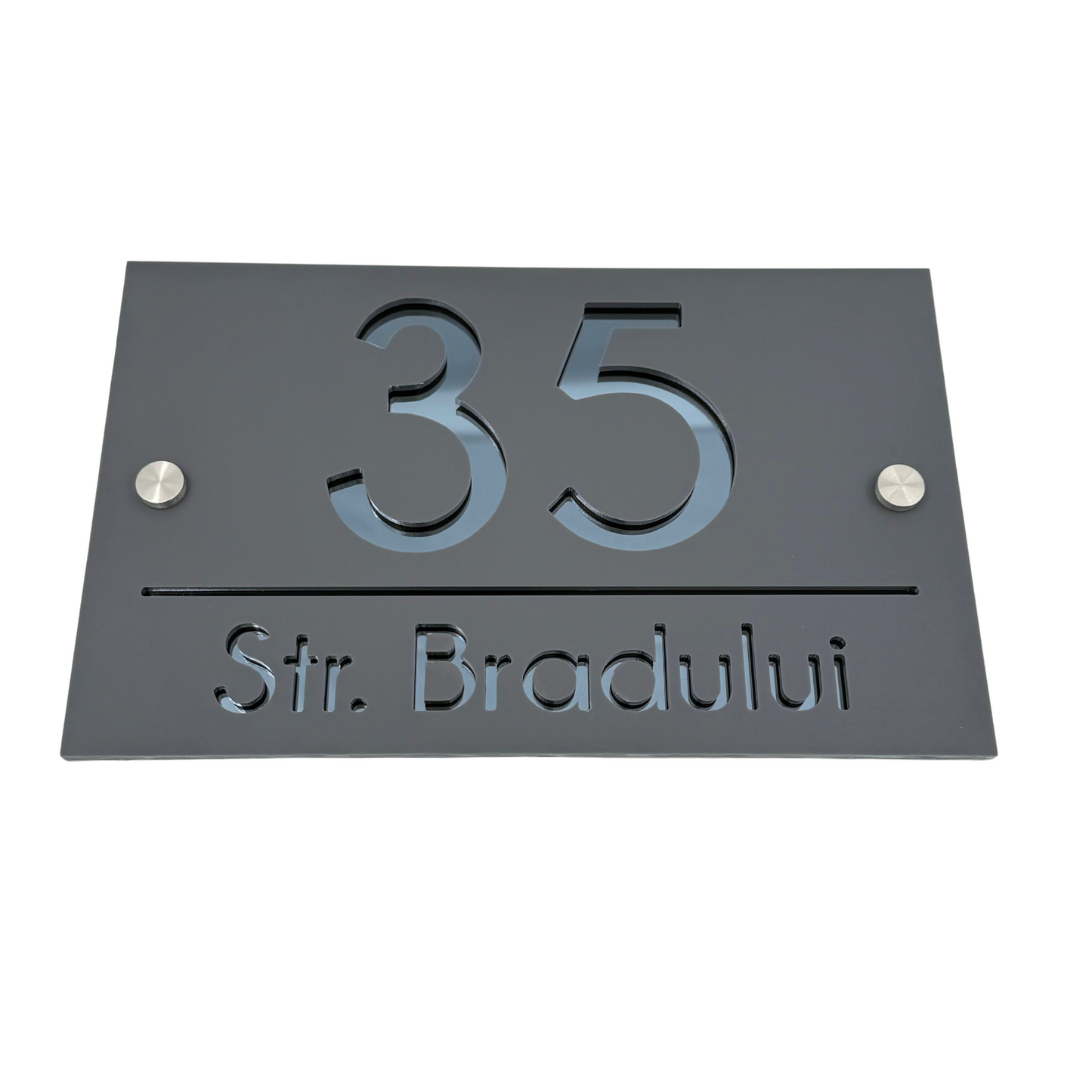 PREMIUM HOUSE NUMBER - Satin Grey Anthracite Grey Mirror 2 Spacers Silver - 24×15 cm