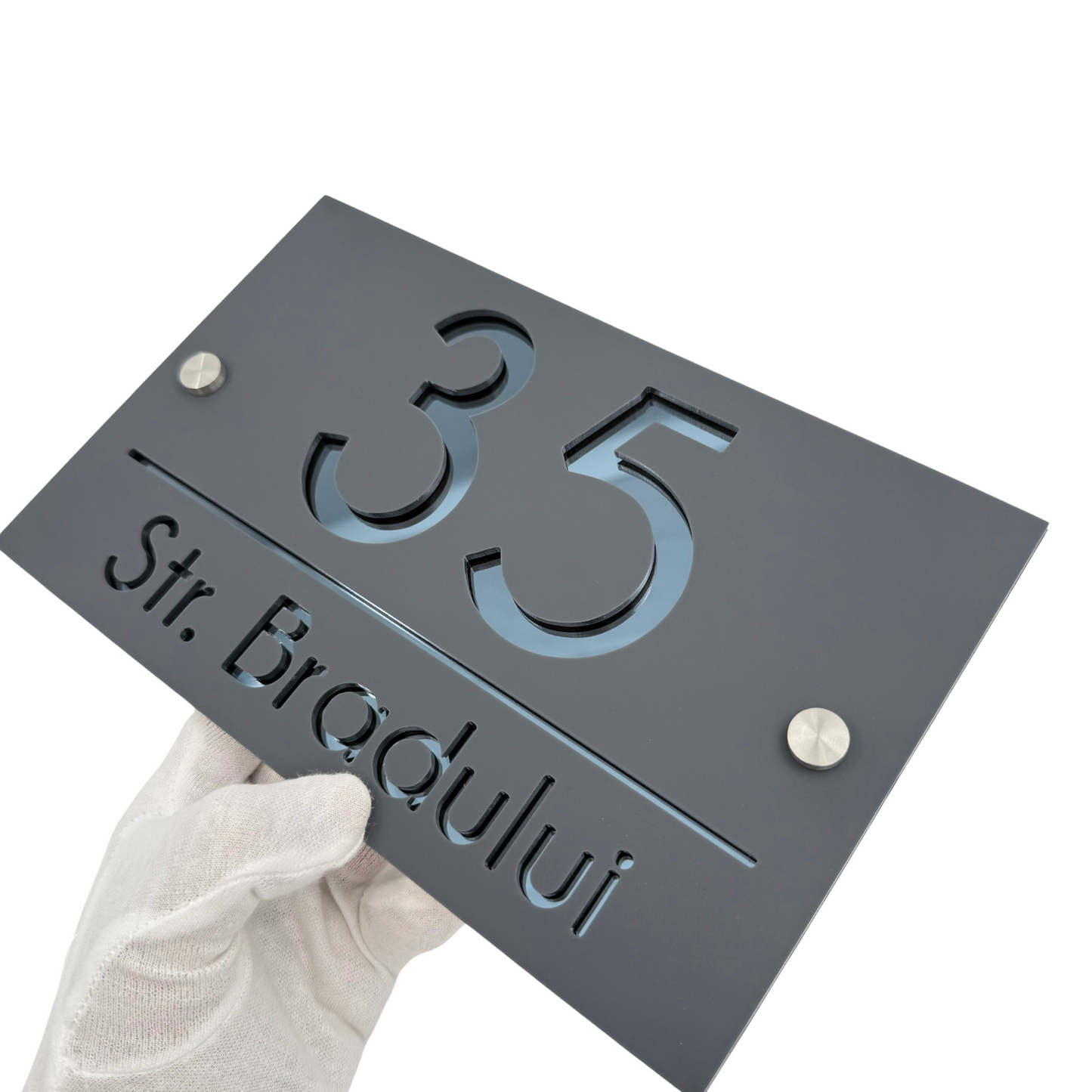 PREMIUM HOUSE NUMBER - Satin Grey Anthracite Grey Mirror 2 Spacers Silver - 24×15 cm