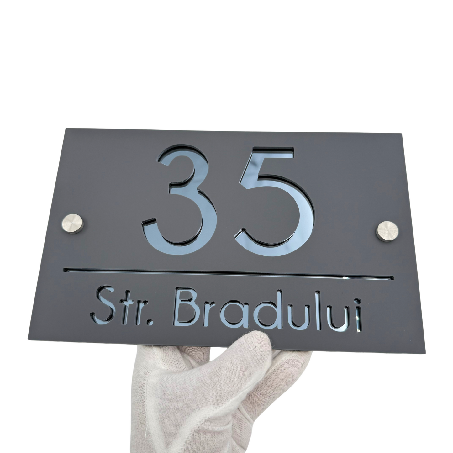 PREMIUM HOUSE NUMBER - Satin Grey Anthracite Grey Mirror 2 Spacers Silver - 24×15 cm
