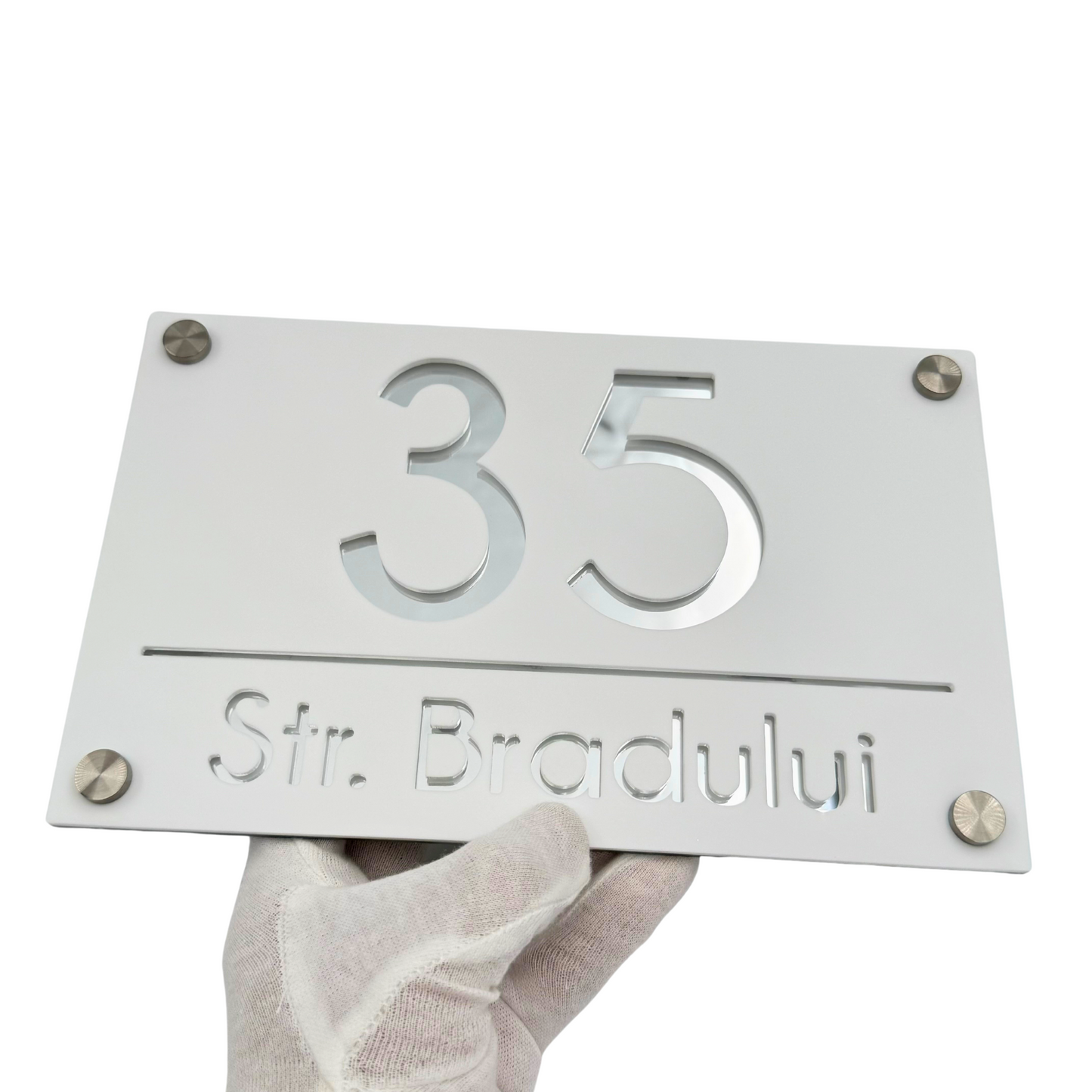 PREMIUM HOUSE NUMBER - White Satin Silver Mirror 4 Spacers Silver - 24×15 cm