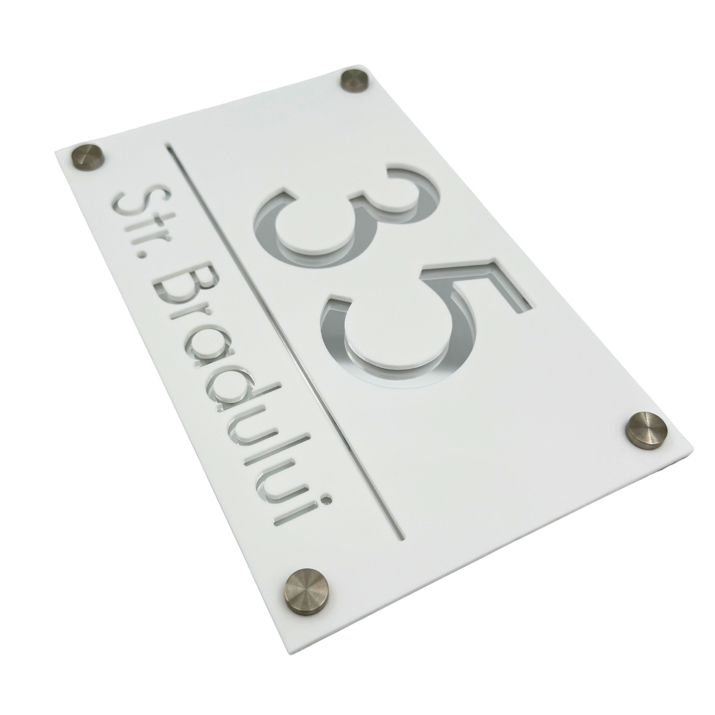 PREMIUM HOUSE NUMBER - White Satin Silver Mirror 4 Spacers Silver - 24×15 cm