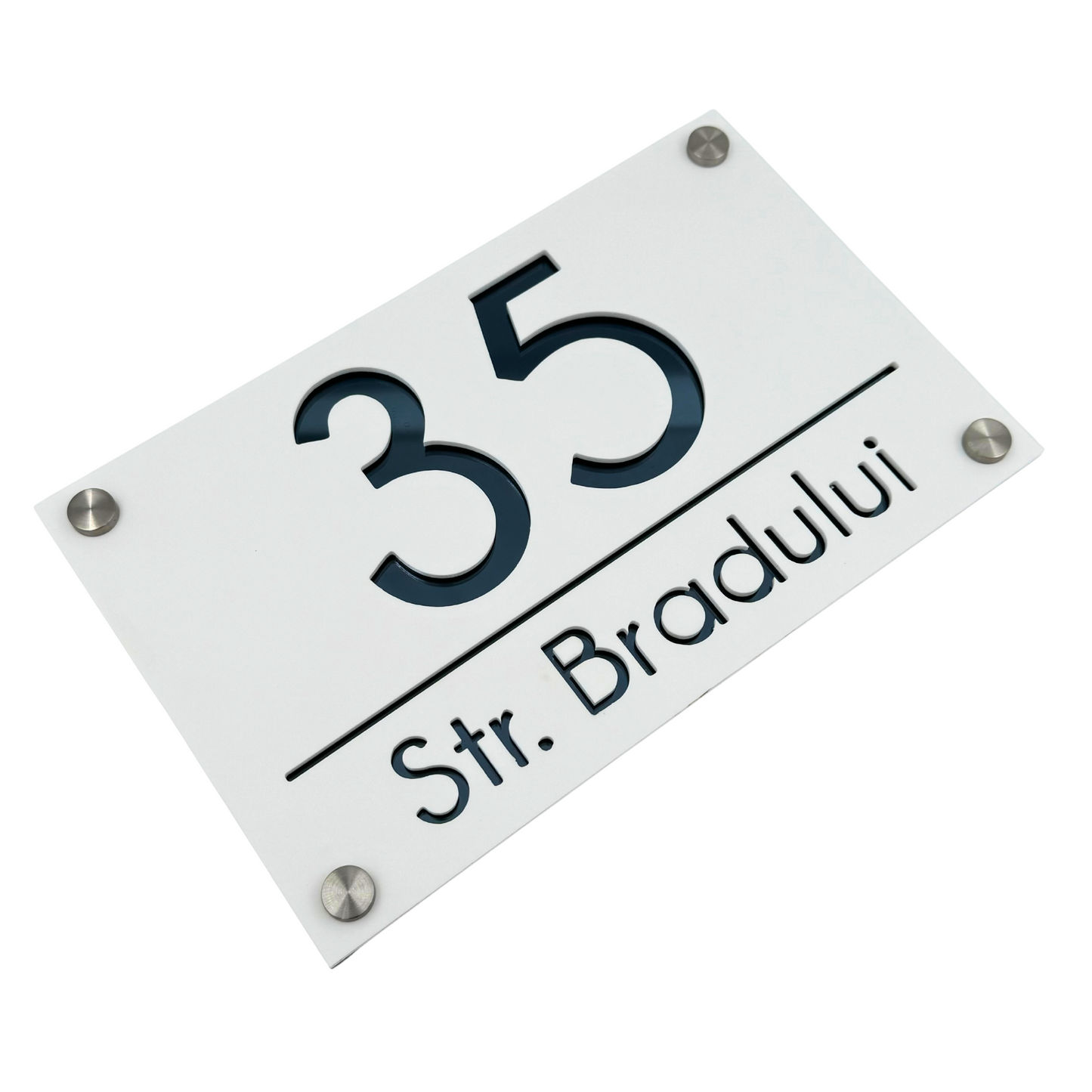 PREMIUM HOUSE NUMBER - White Satin Anthracite Grey Mirror 4 Spacers Silver - 24×15 cm