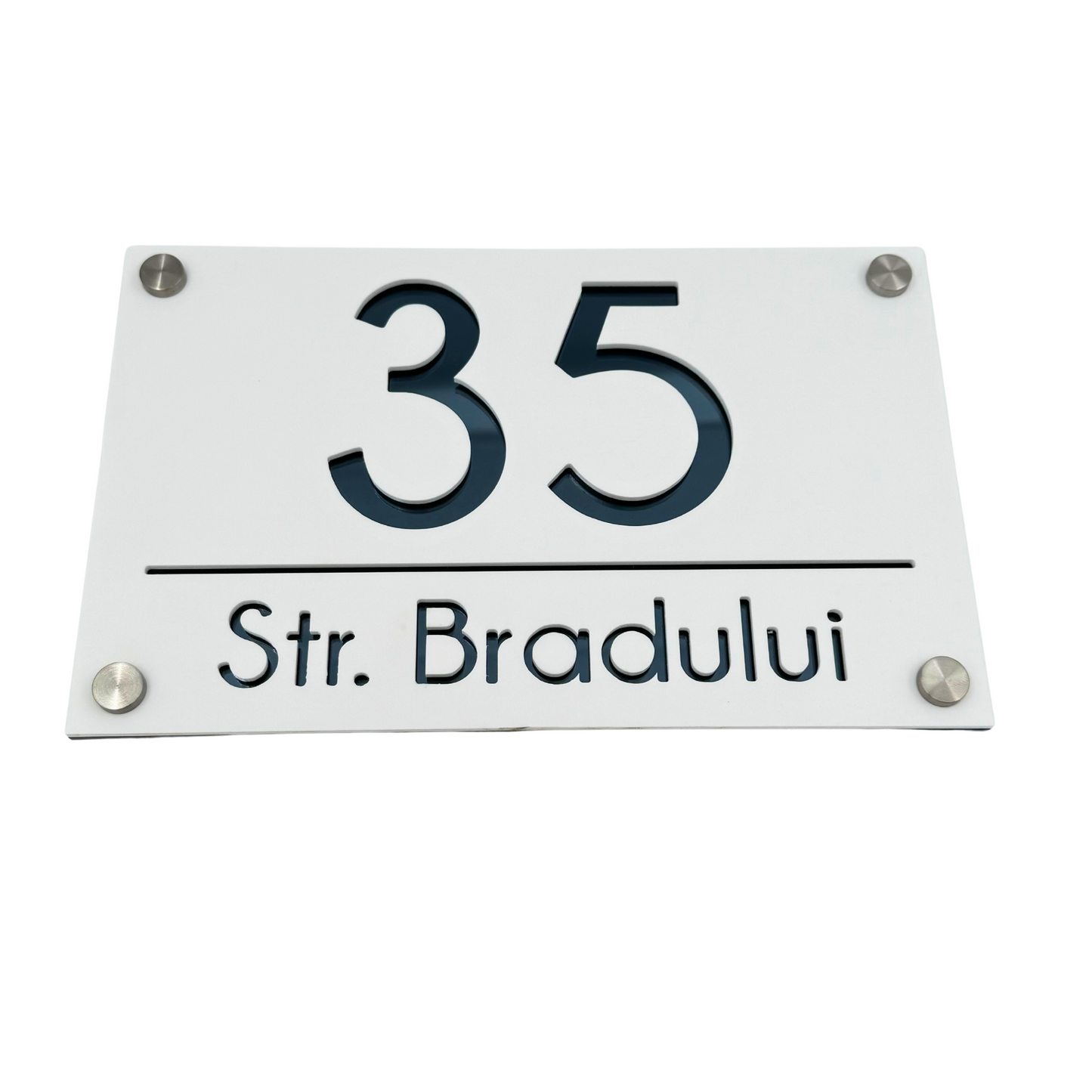 PREMIUM HOUSE NUMBER - White Satin Anthracite Grey Mirror 4 Spacers Silver - 24×15 cm