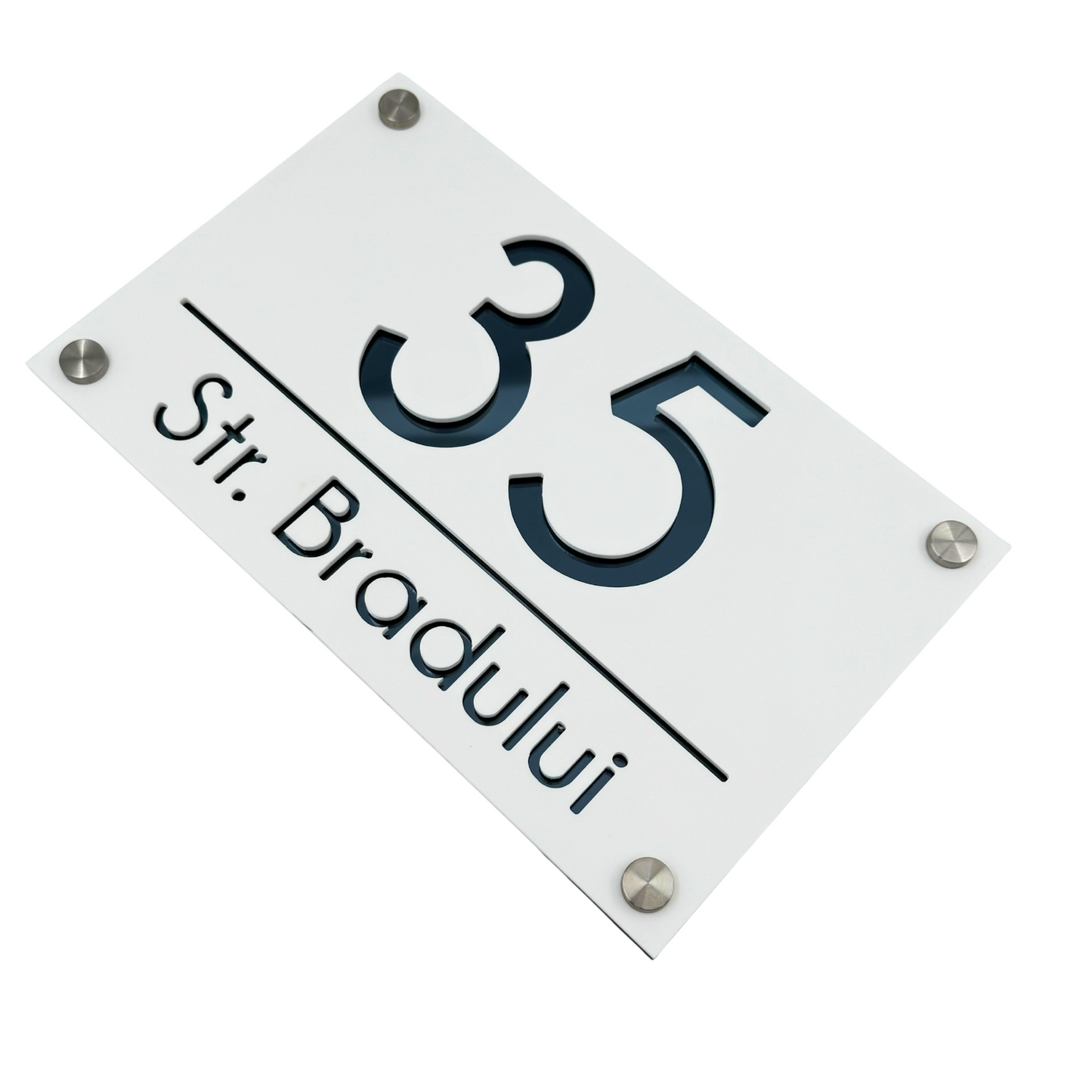 PREMIUM HOUSE NUMBER - White Satin Anthracite Grey Mirror 4 Spacers Silver - 24×15 cm