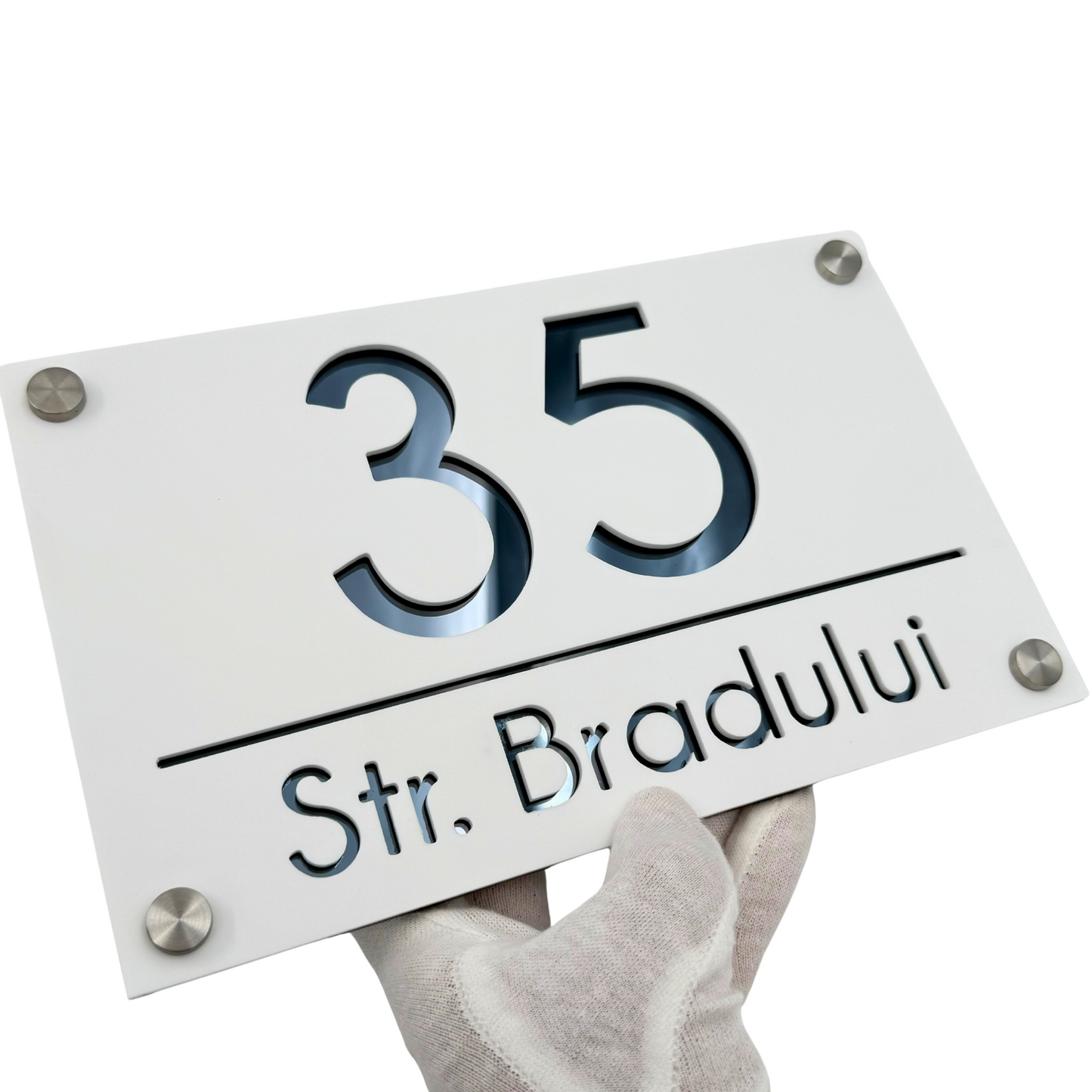 PREMIUM HOUSE NUMBER - White Satin Anthracite Grey Mirror 4 Spacers Silver - 24×15 cm