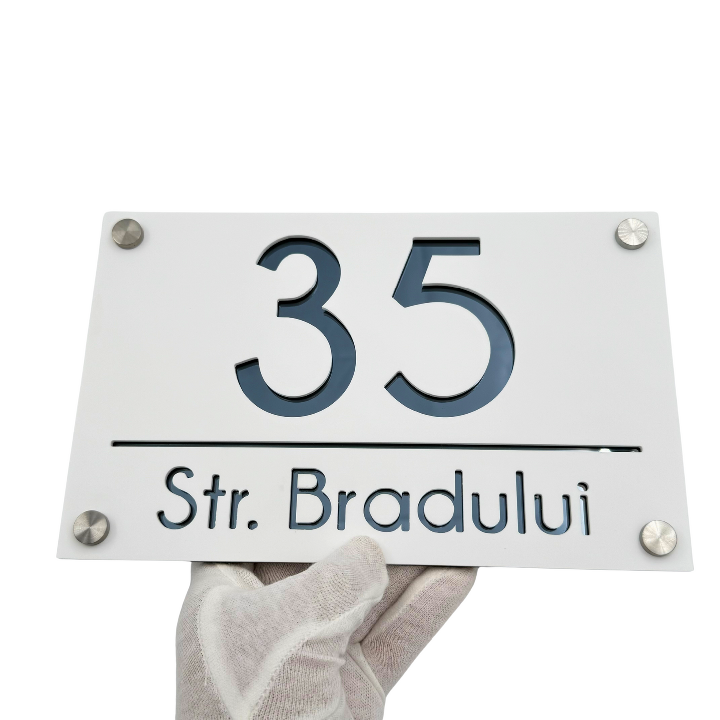 PREMIUM HOUSE NUMBER - White Satin Anthracite Grey Mirror 4 Spacers Silver - 24×15 cm