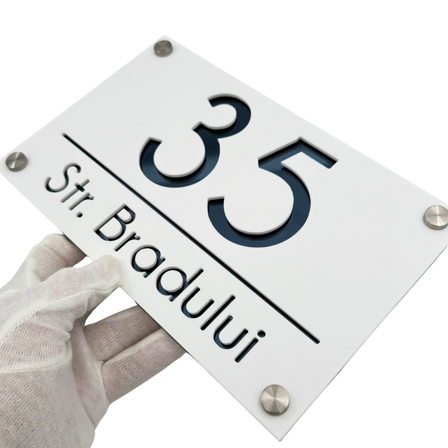 PREMIUM HOUSE NUMBER - White Satin Anthracite Grey Mirror 4 Spacers Silver - 24×15 cm
