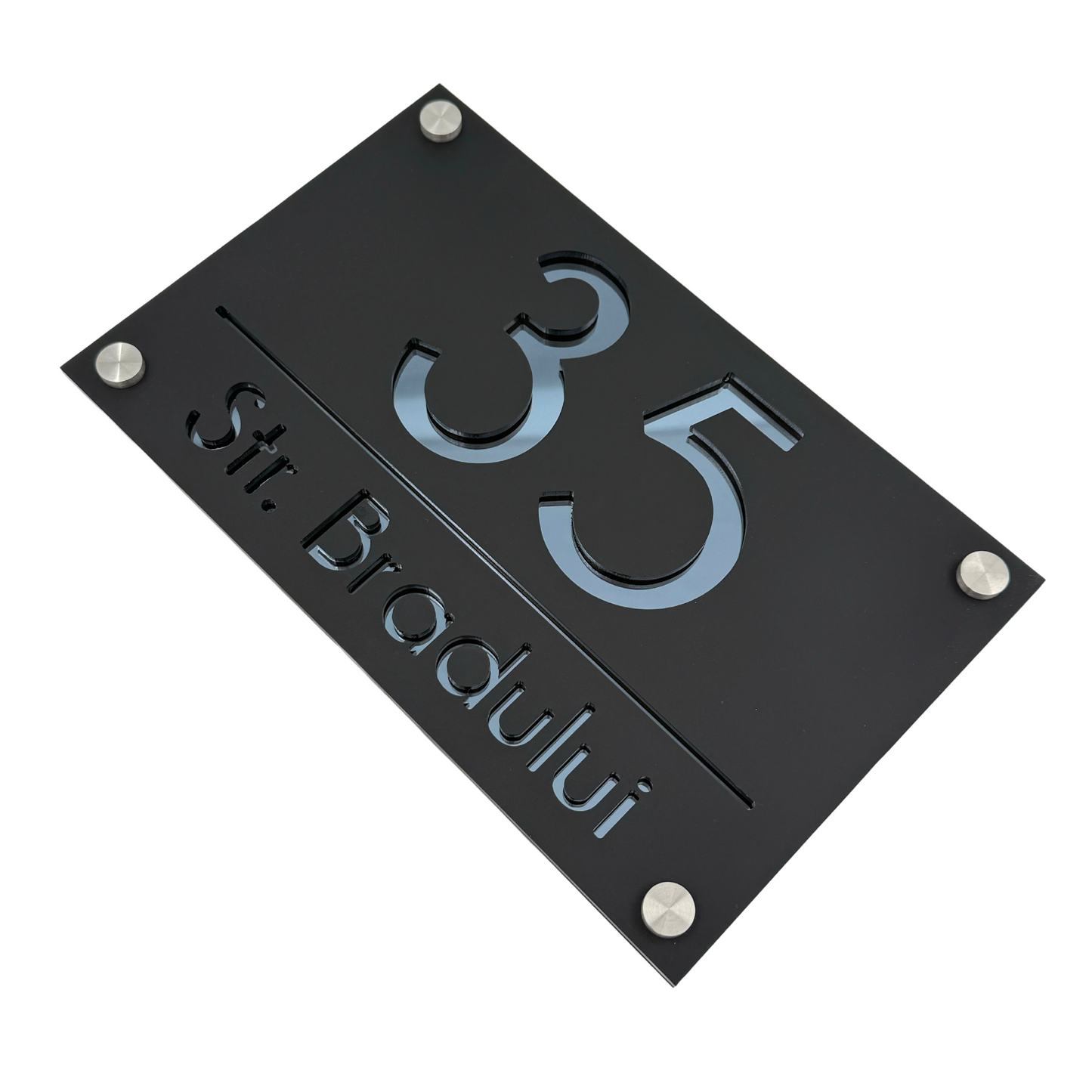 PREMIUM HOUSE NUMBER - Satin Black Anthracite Grey Mirror 4 Spacers Silver - 24×15 cm