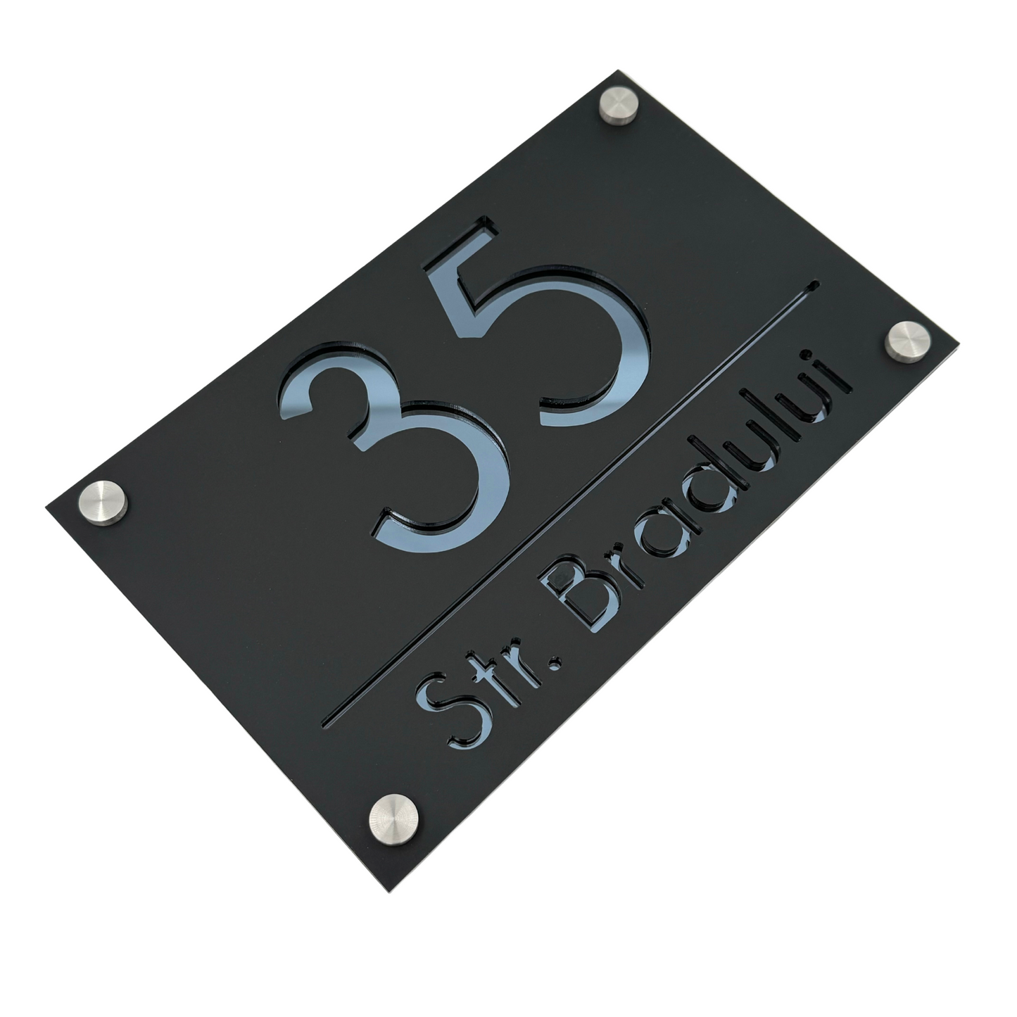 PREMIUM HOUSE NUMBER - Satin Black Anthracite Grey Mirror 4 Spacers Silver - 24×15 cm