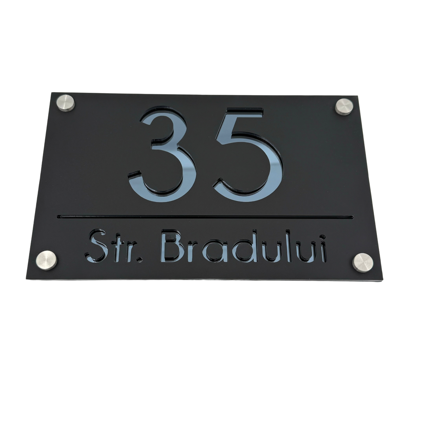 PREMIUM HOUSE NUMBER - Satin Black Anthracite Grey Mirror 4 Spacers Silver - 24×15 cm