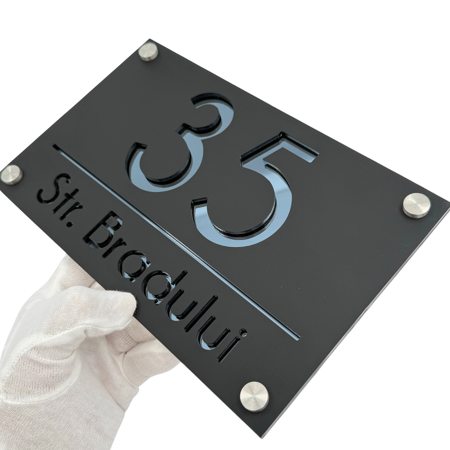 PREMIUM HOUSE NUMBER - Satin Black Anthracite Grey Mirror 4 Spacers Silver - 24×15 cm