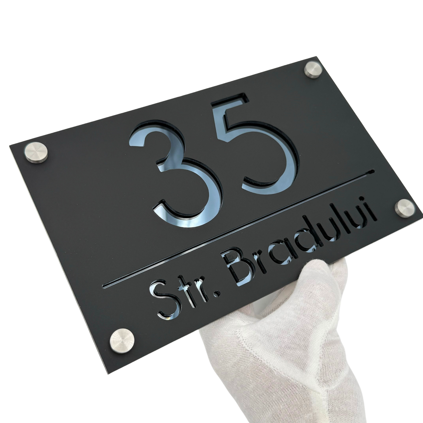 PREMIUM HOUSE NUMBER - Satin Black Anthracite Grey Mirror 4 Spacers Silver - 24×15 cm