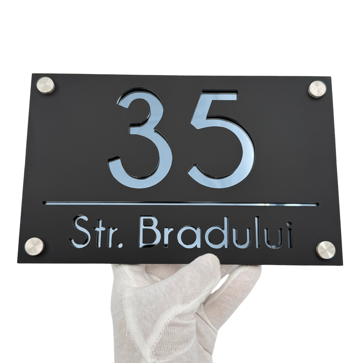 PREMIUM HOUSE NUMBER - Satin Black Anthracite Grey Mirror 4 Spacers Silver - 24×15 cm