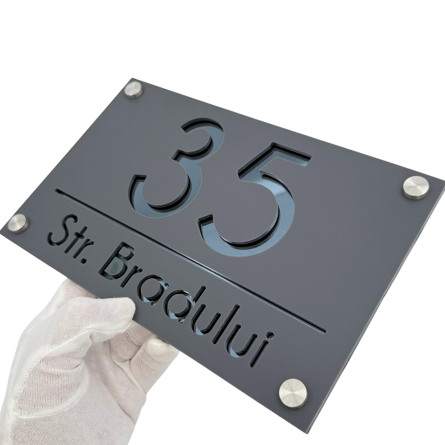 PREMIUM HOUSE NUMBER - Satin Grey Anthracite Grey Mirror 4 Spacers Silver - 24×15 cm
