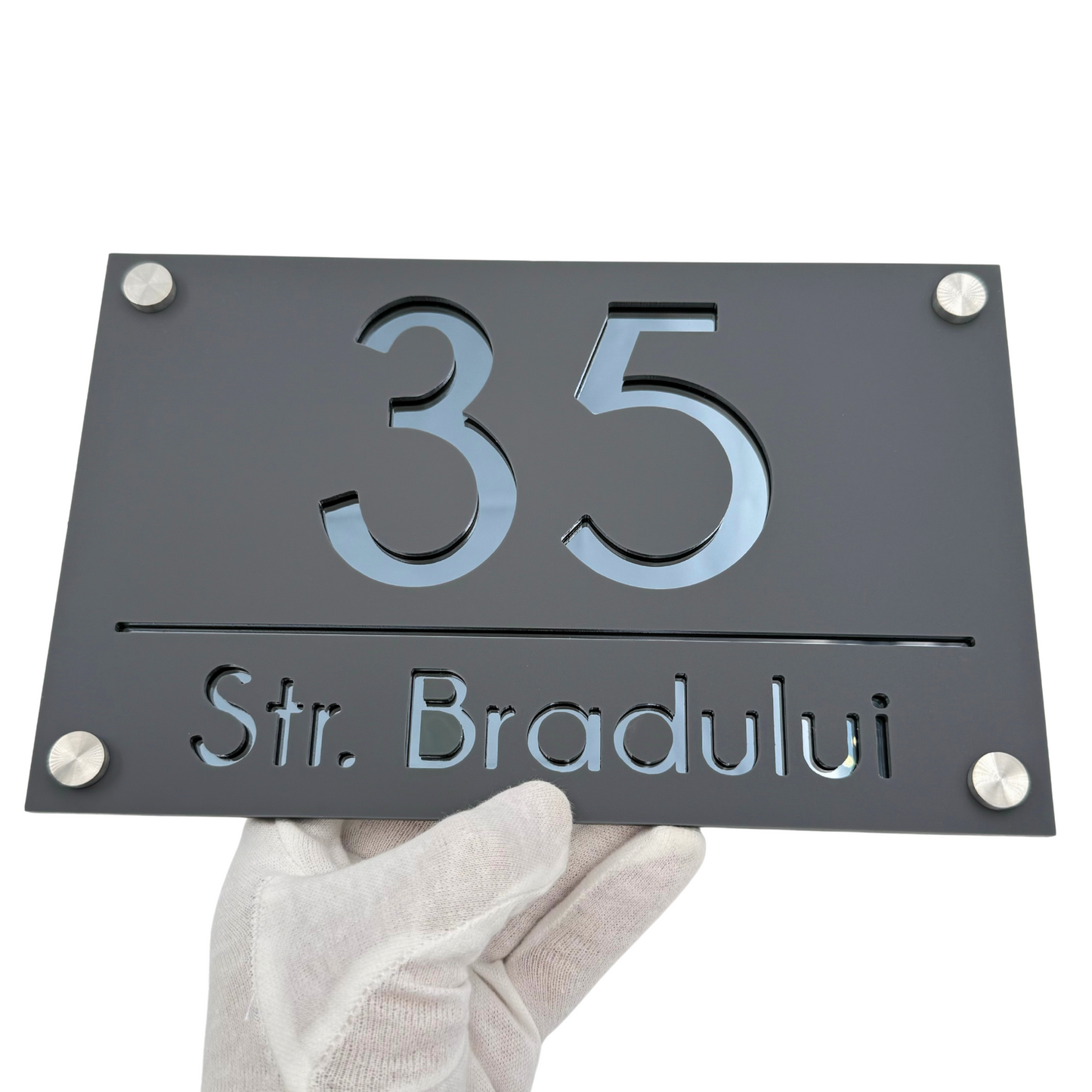 PREMIUM HOUSE NUMBER - Satin Grey Anthracite Grey Mirror 4 Spacers Silver - 24×15 cm