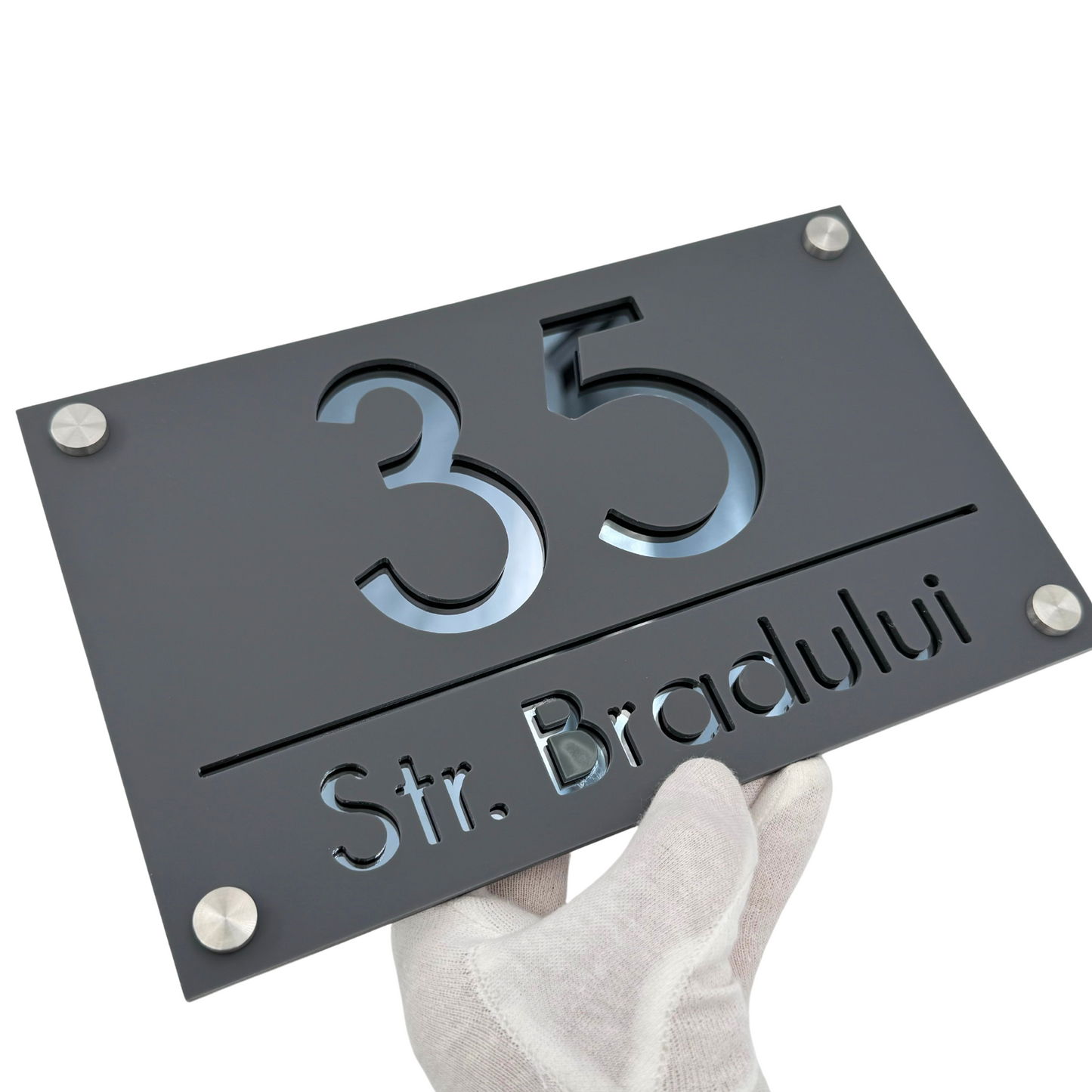 PREMIUM HOUSE NUMBER - Satin Grey Anthracite Grey Mirror 4 Spacers Silver - 24×15 cm