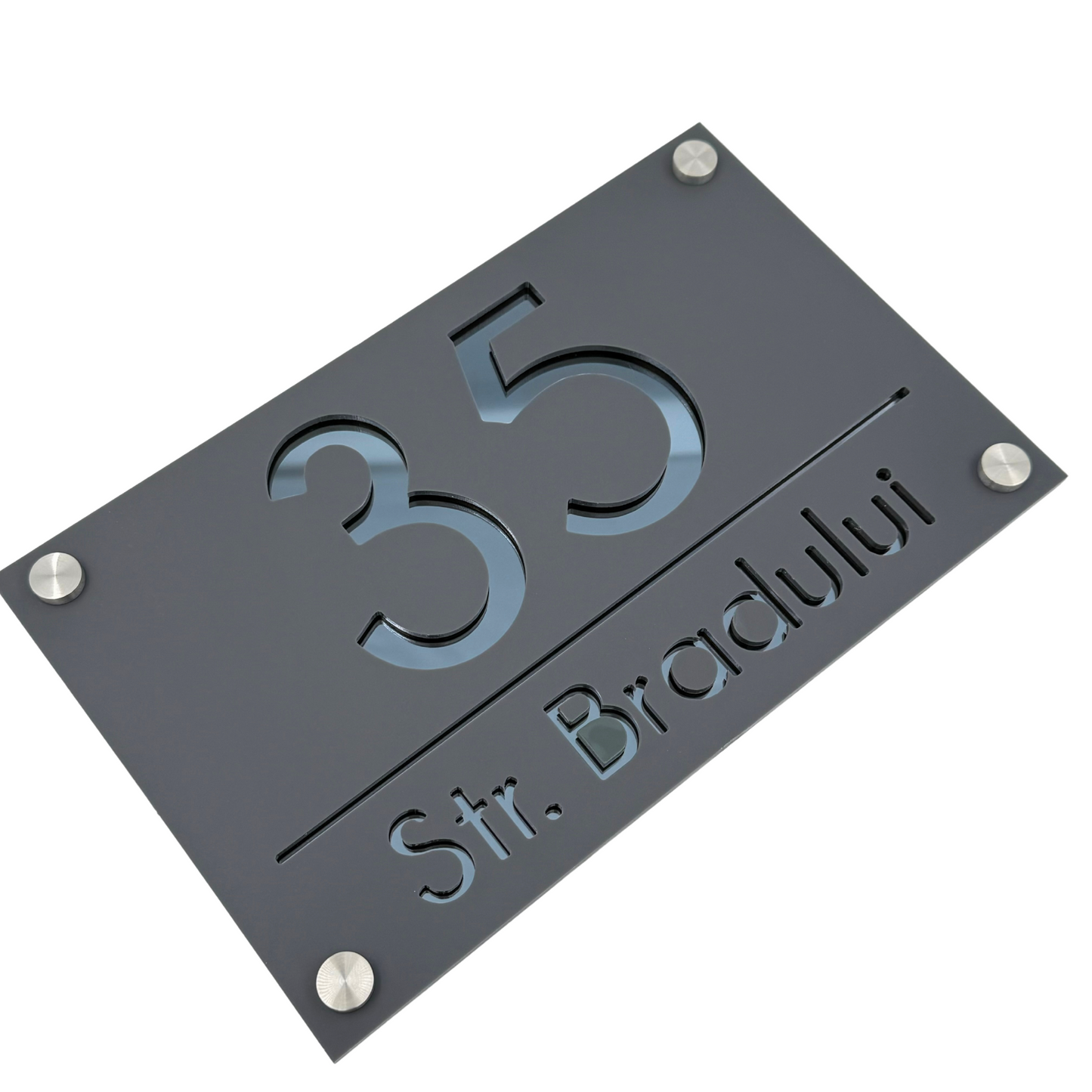 PREMIUM HOUSE NUMBER - Satin Grey Anthracite Grey Mirror 4 Spacers Silver - 24×15 cm