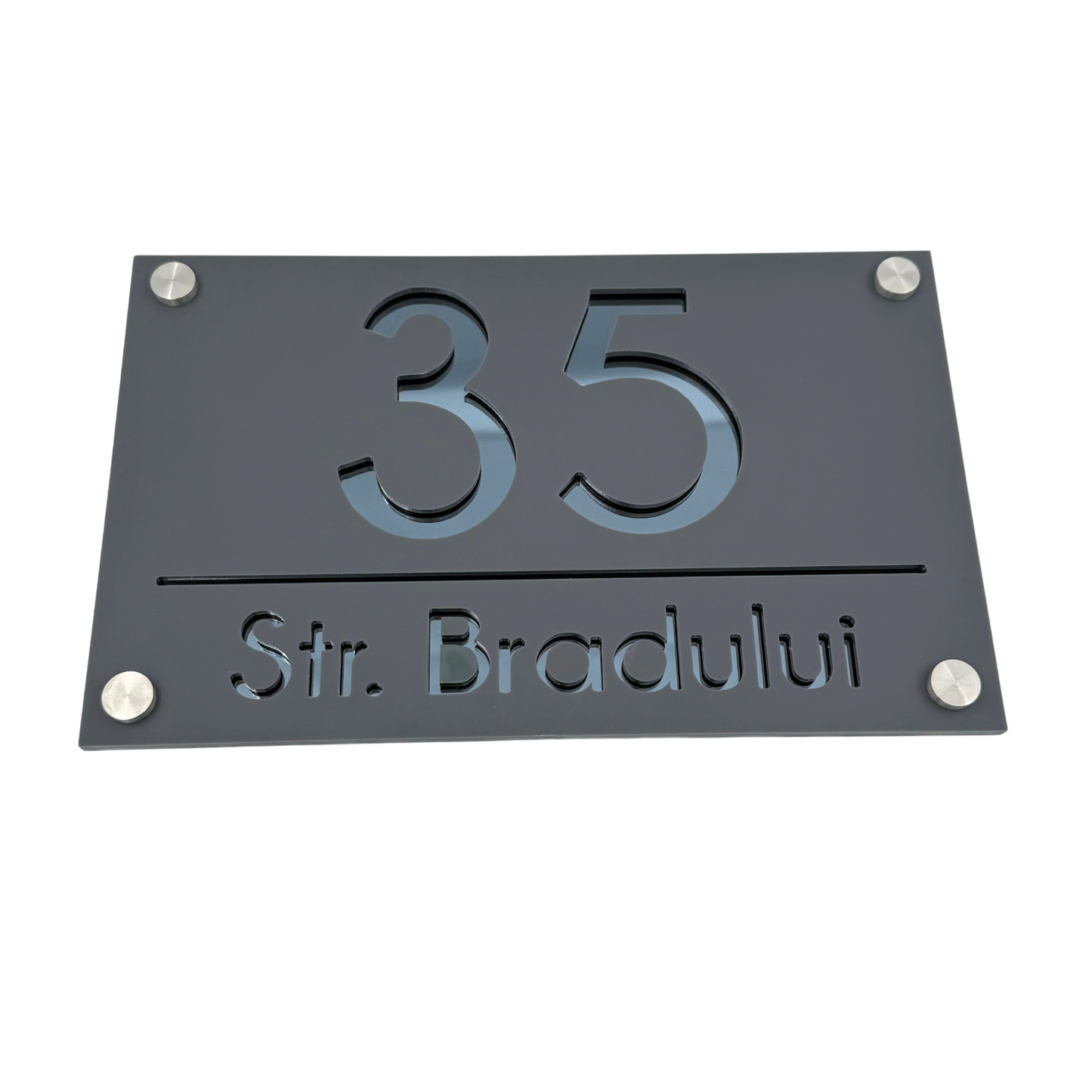 PREMIUM HOUSE NUMBER - Satin Grey Anthracite Grey Mirror 4 Spacers Silver - 24×15 cm