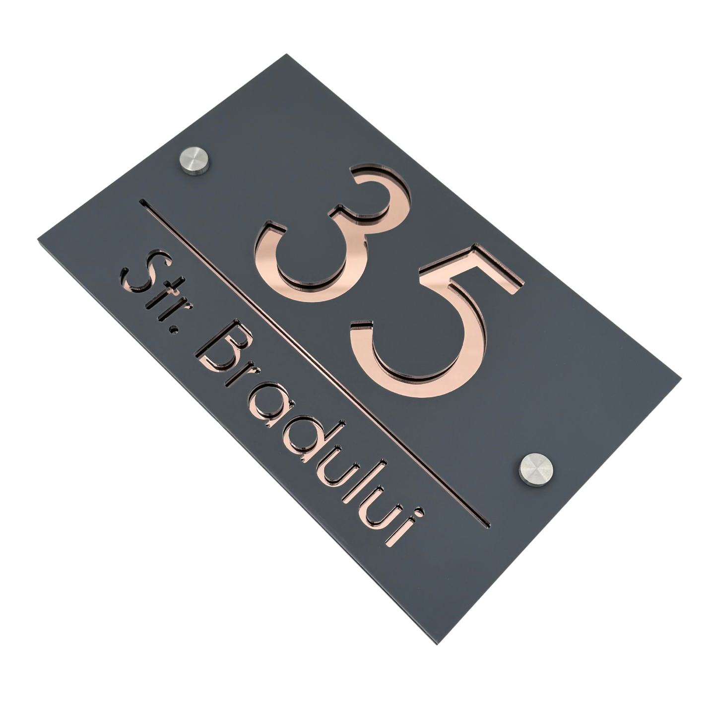 PREMIUM HOUSE NUMBER - Satin Grey Rose Gold Mirror 2 Spacers Silver - 24×15 cm