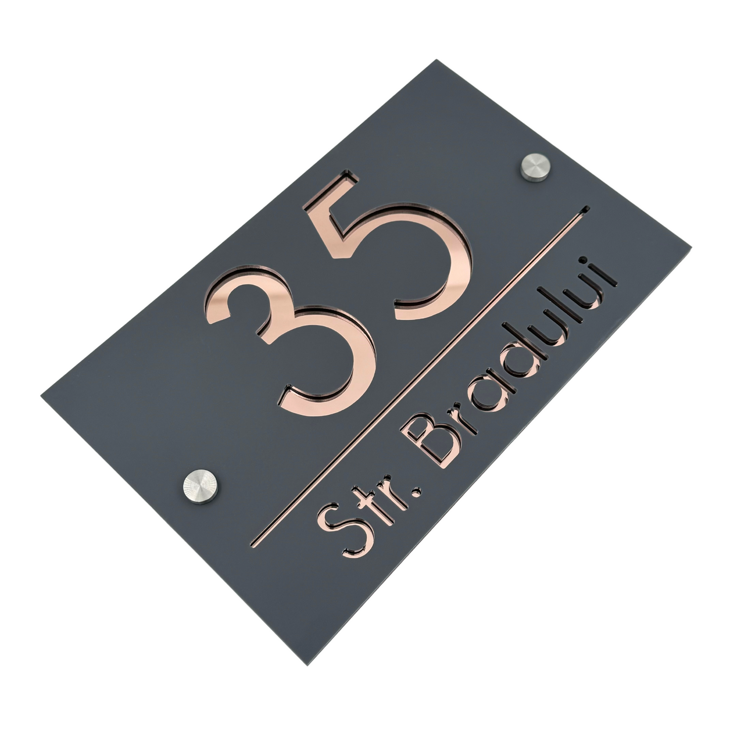 PREMIUM HOUSE NUMBER - Satin Grey Rose Gold Mirror 2 Spacers Silver - 24×15 cm