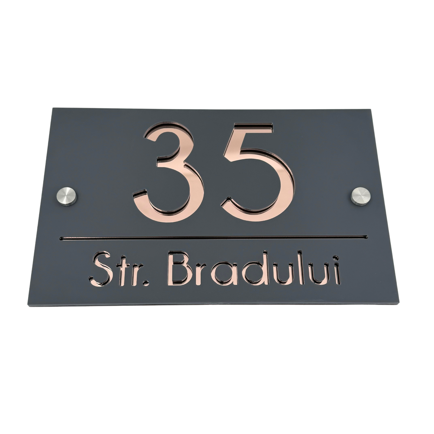 PREMIUM HOUSE NUMBER - Satin Grey Rose Gold Mirror 2 Spacers Silver - 24×15 cm
