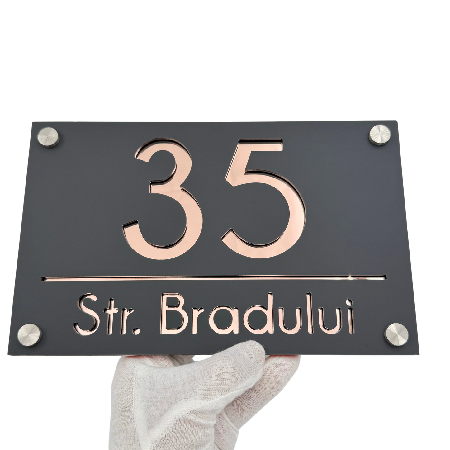 PREMIUM HOUSE NUMBER - Satin Grey Rose Gold Mirror 2 Spacers Silver - 24×15 cm