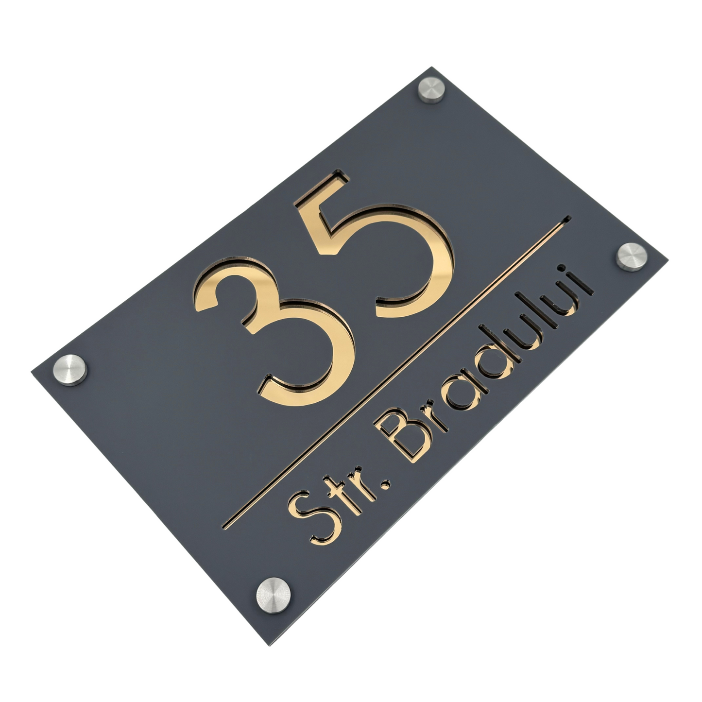 PREMIUM HOUSE NUMBER - Satin Grey Gold Mirror 4 Spacers Silver - 24×15 cm