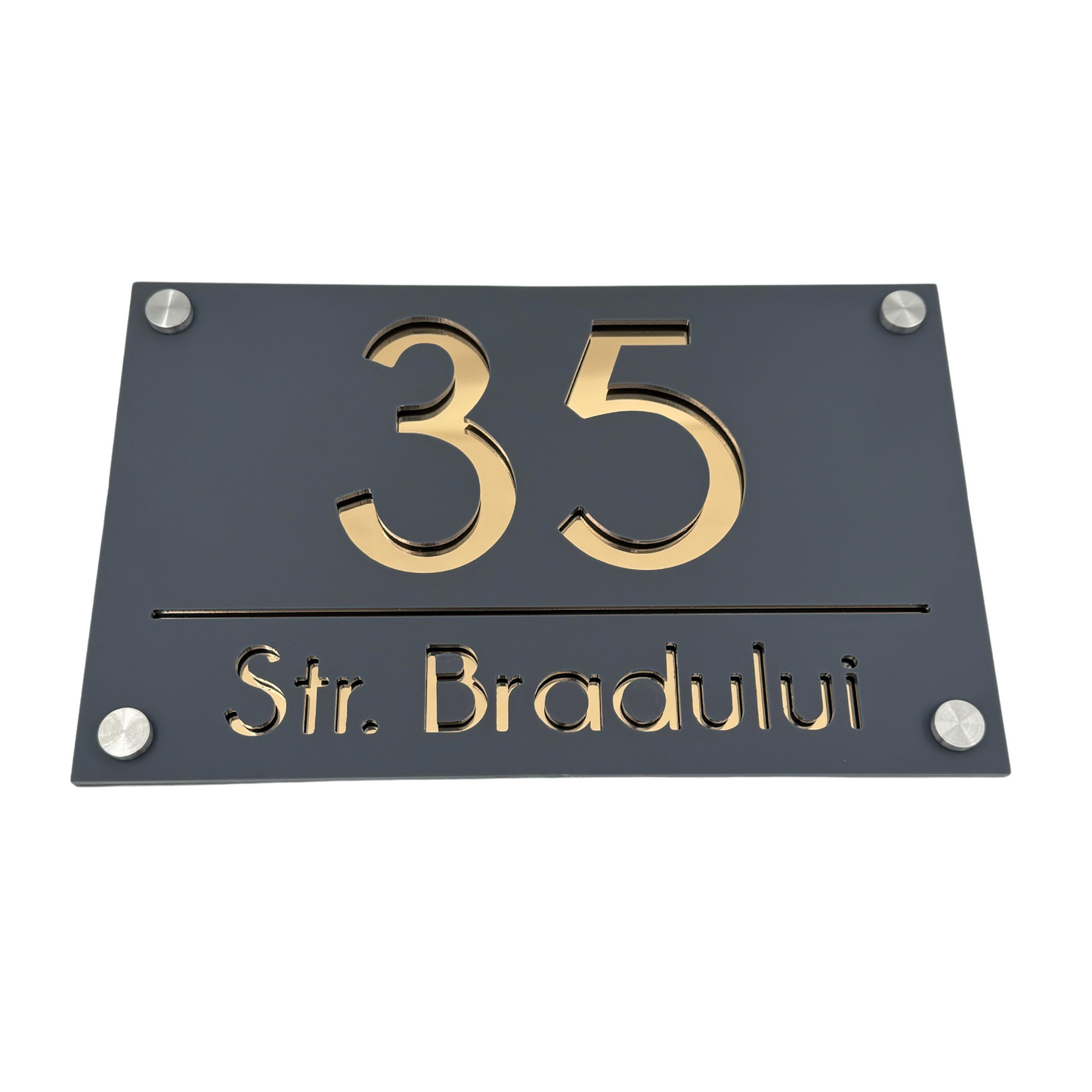 PREMIUM HOUSE NUMBER - Satin Grey Gold Mirror 4 Spacers Silver - 24×15 cm