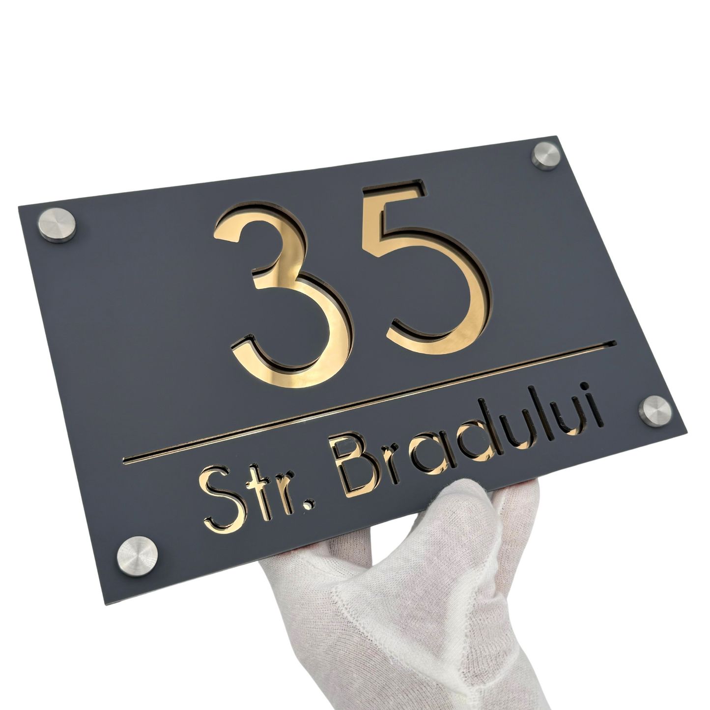 PREMIUM HOUSE NUMBER - Satin Grey Gold Mirror 4 Spacers Silver - 24×15 cm