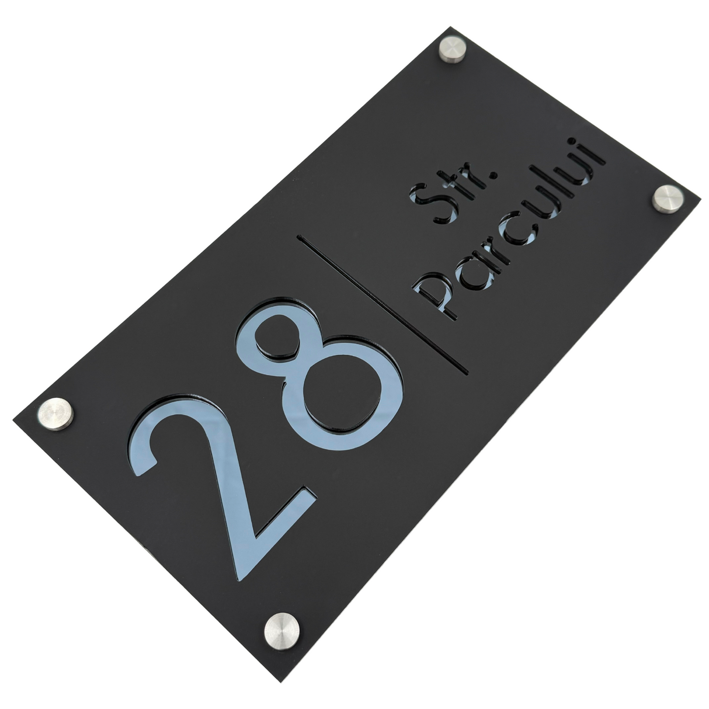PREMIUM HOUSE NUMBER - Satin Black Anthracite Grey Mirror 4 Spacers Silver - 28×15 cm