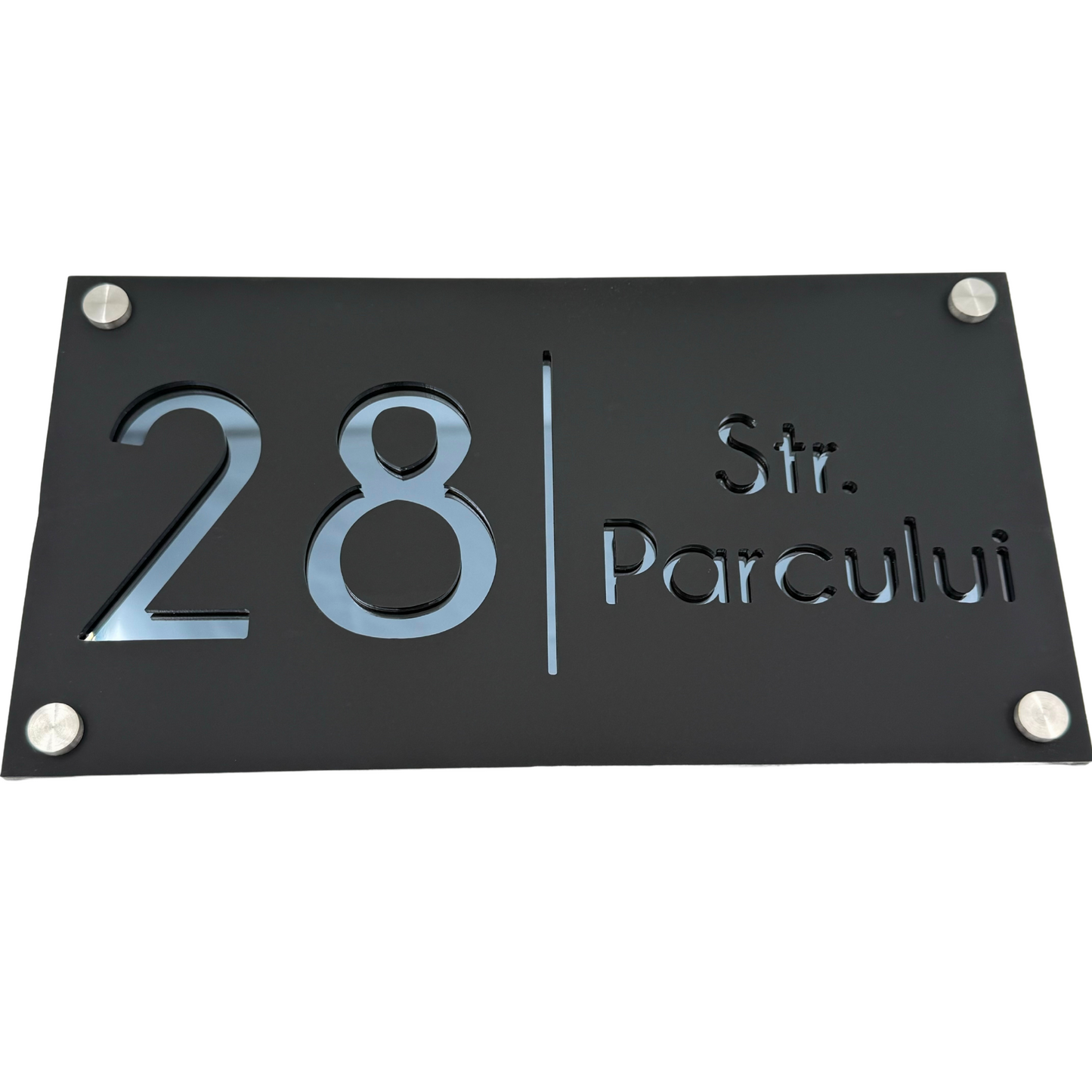 PREMIUM HOUSE NUMBER - Satin Black Anthracite Grey Mirror 4 Spacers Silver - 28×15 cm