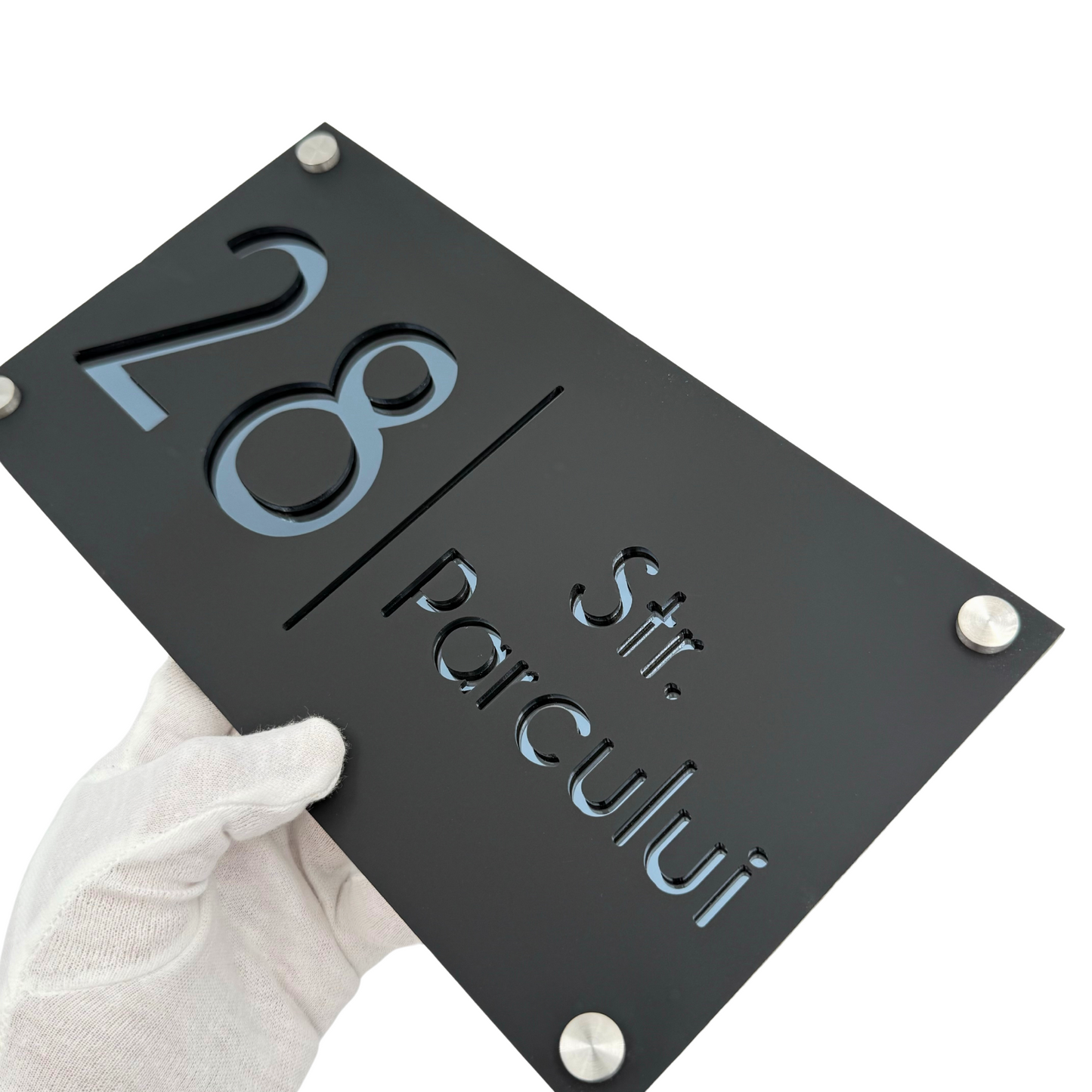 PREMIUM HOUSE NUMBER - Satin Black Anthracite Grey Mirror 4 Spacers Silver - 28×15 cm