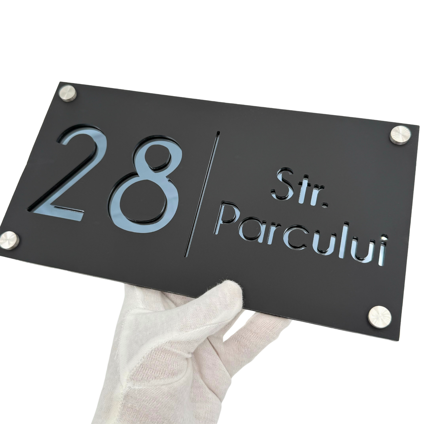 PREMIUM HOUSE NUMBER - Satin Black Anthracite Grey Mirror 4 Spacers Silver - 28×15 cm