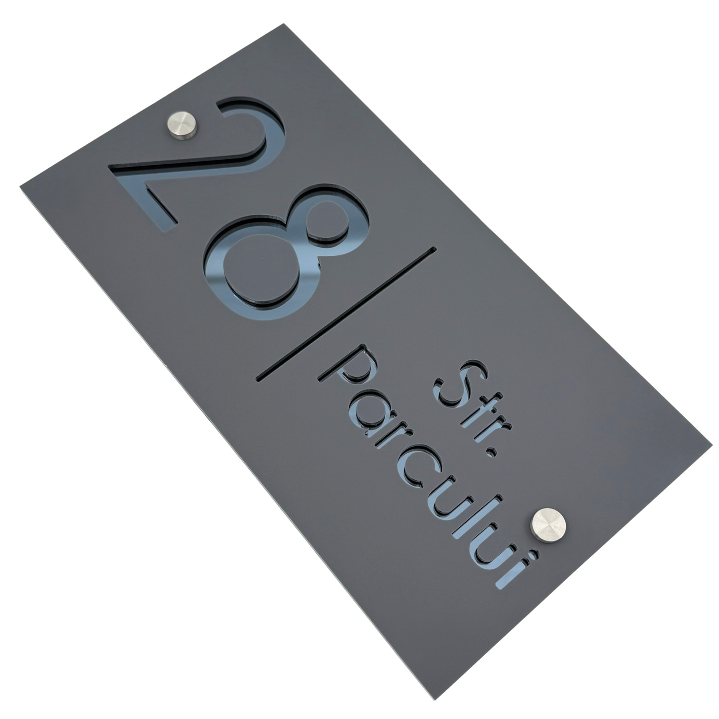 PREMIUM HOUSE NUMBER - Satin Black Anthracite Grey Mirror 2 Spacers Silver - 28×15 cm