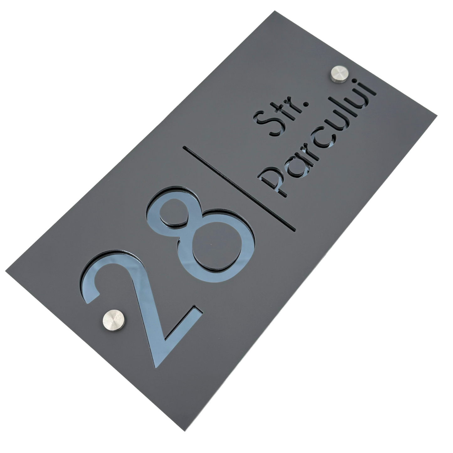 PREMIUM HOUSE NUMBER - Satin Black Anthracite Grey Mirror 2 Spacers Silver - 28×15 cm