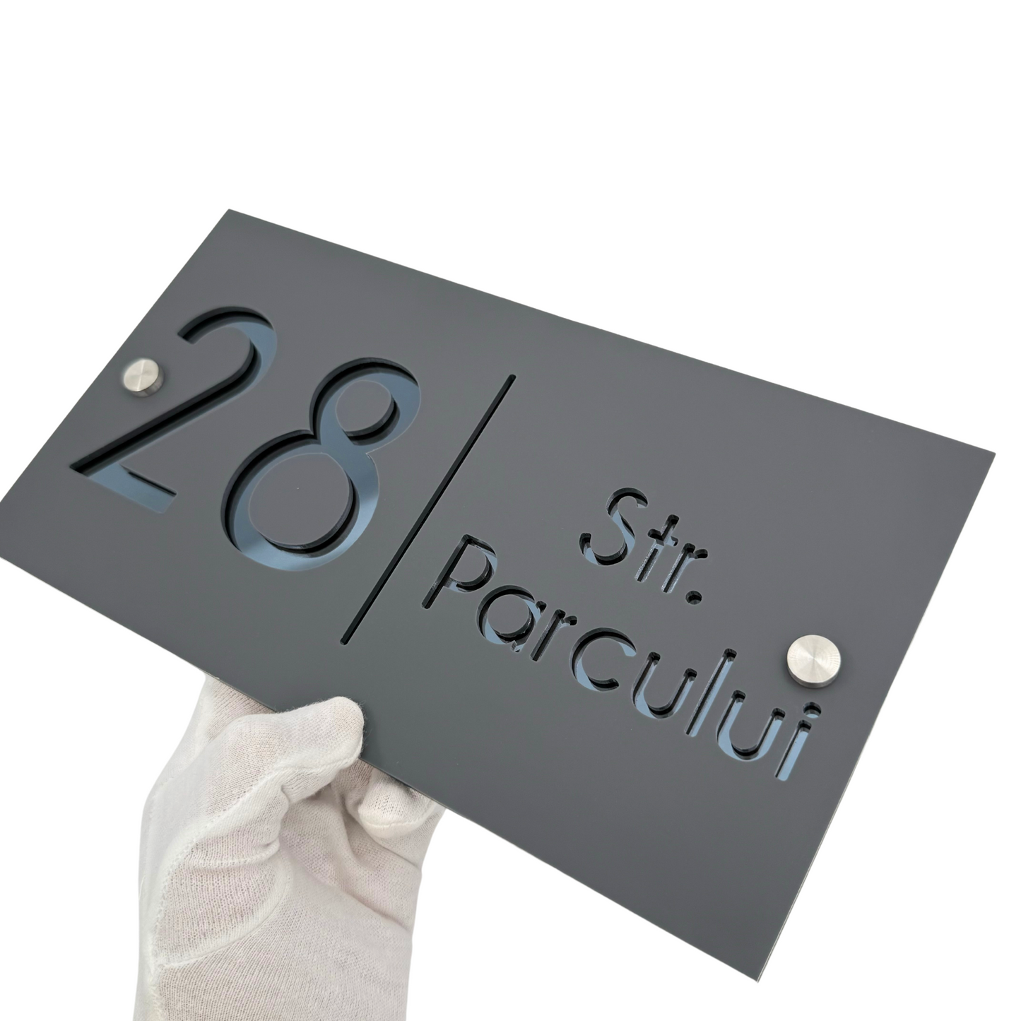 PREMIUM HOUSE NUMBER - Satin Black Anthracite Grey Mirror 2 Spacers Silver - 28×15 cm