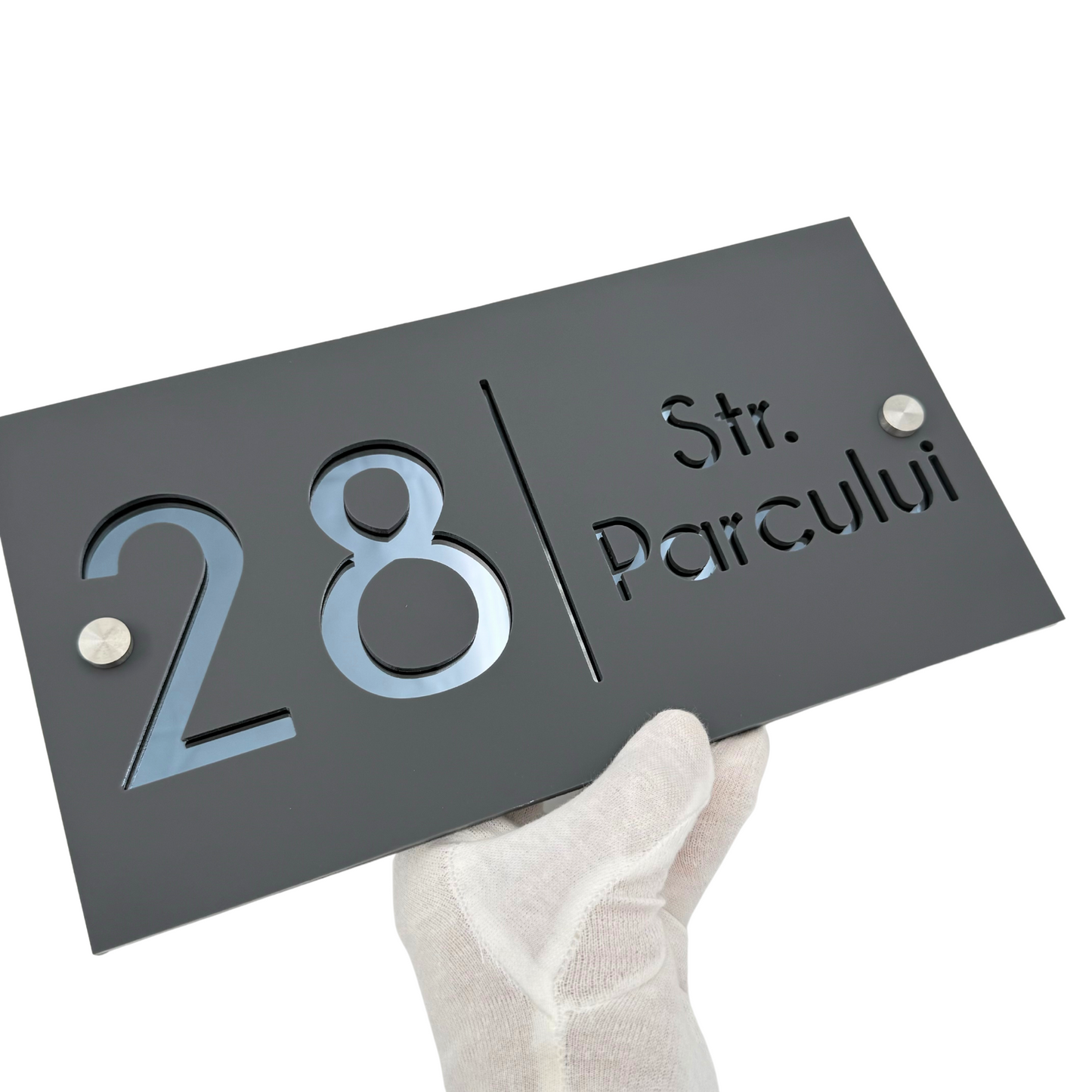 PREMIUM HOUSE NUMBER - Satin Black Anthracite Grey Mirror 2 Spacers Silver - 28×15 cm