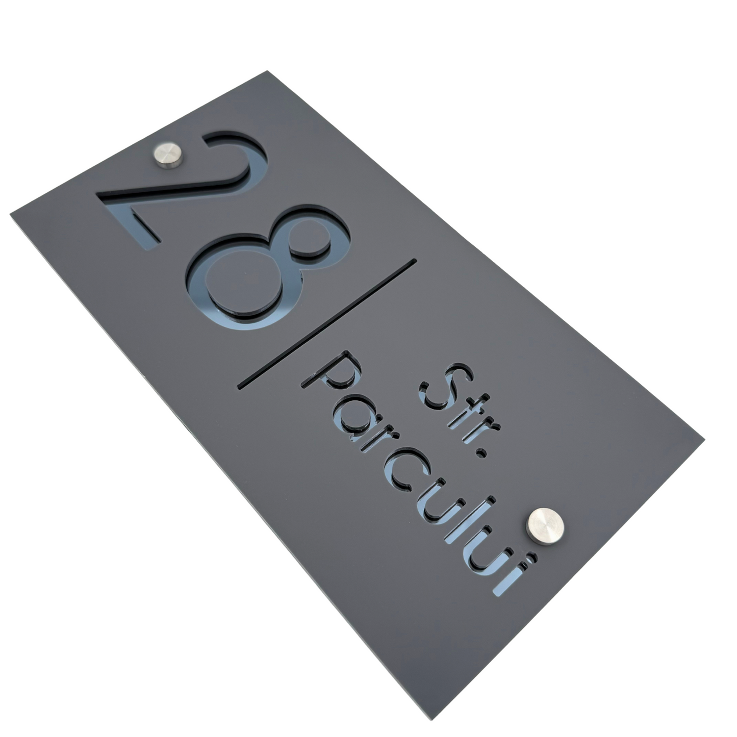 PREMIUM HOUSE NUMBER - Satin Black Anthracite Grey Mirror 2 Spacers Silver - 28×15 cm