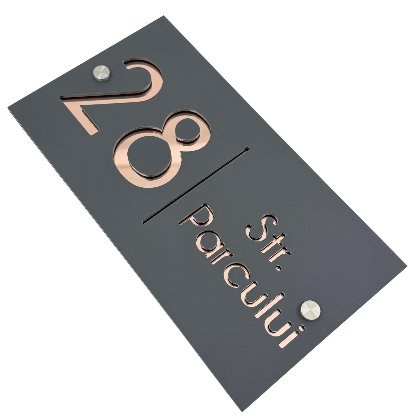 PREMIUM HOUSE NUMBER - Satin Grey Rose Gold Mirror 2 Spacers Silver - 28×15 cm