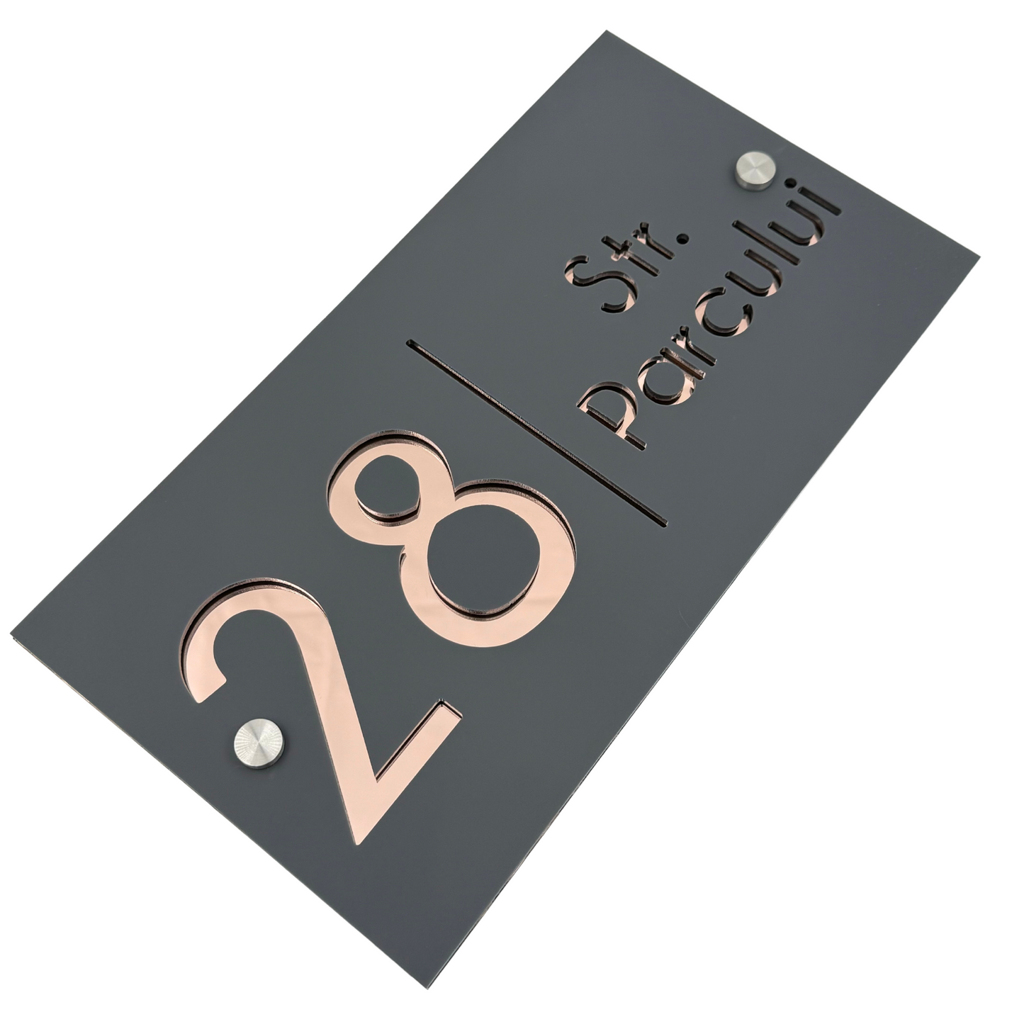 PREMIUM HOUSE NUMBER - Satin Grey Rose Gold Mirror 2 Spacers Silver - 28×15 cm