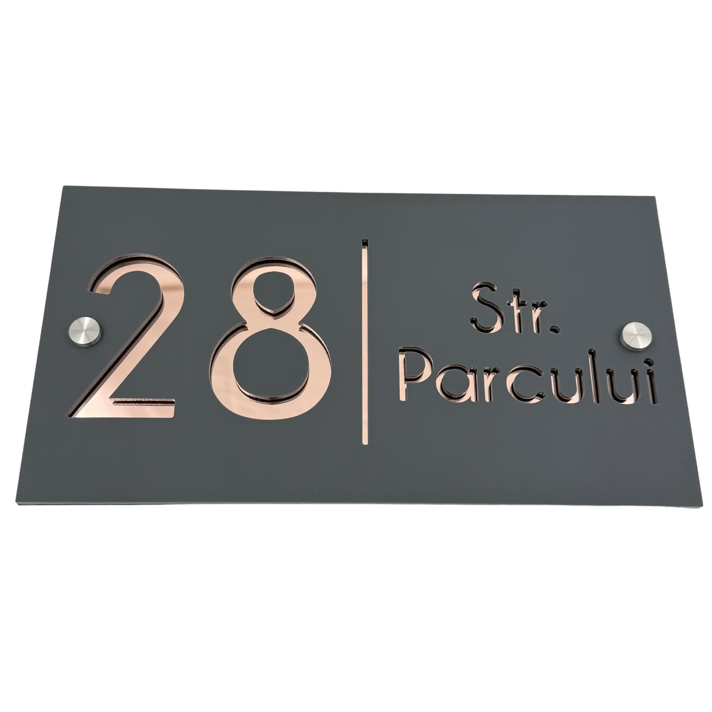 PREMIUM HOUSE NUMBER - Satin Grey Rose Gold Mirror 2 Spacers Silver - 28×15 cm