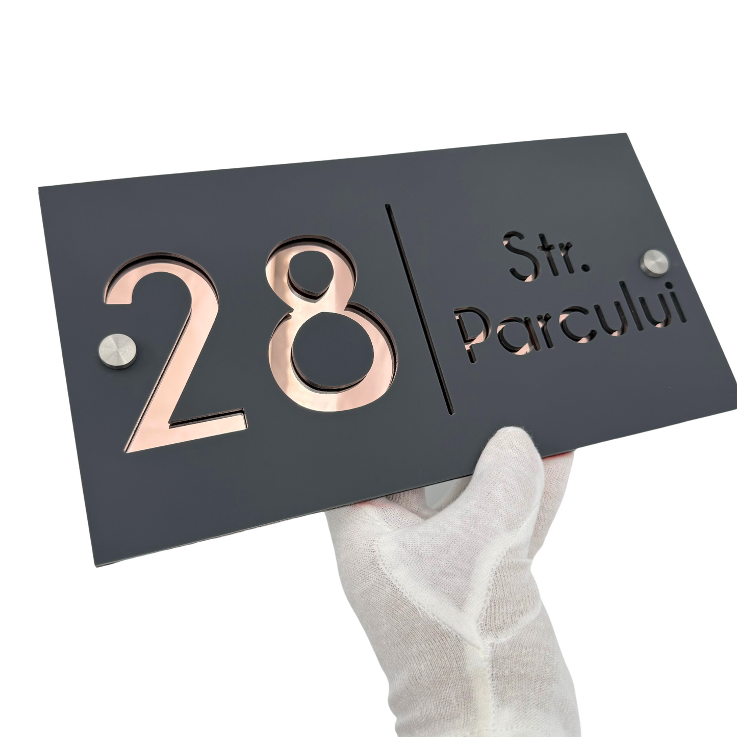 PREMIUM HOUSE NUMBER - Satin Grey Rose Gold Mirror 2 Spacers Silver - 28×15 cm