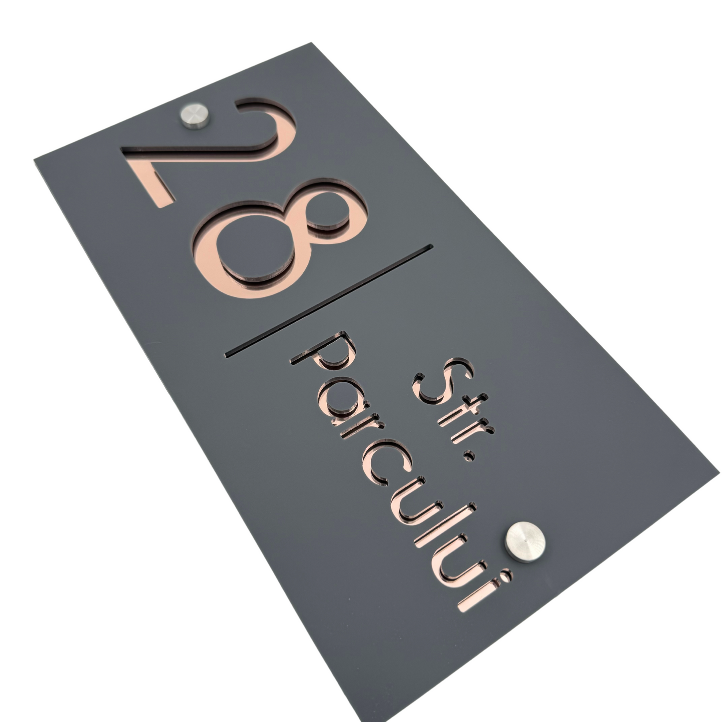 PREMIUM HOUSE NUMBER - Satin Grey Rose Gold Mirror 2 Spacers Silver - 28×15 cm