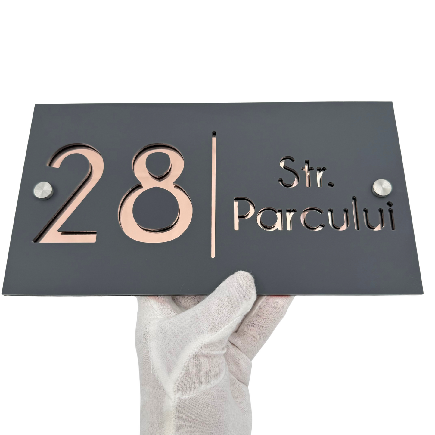 PREMIUM HOUSE NUMBER - Satin Grey Rose Gold Mirror 2 Spacers Silver - 28×15 cm