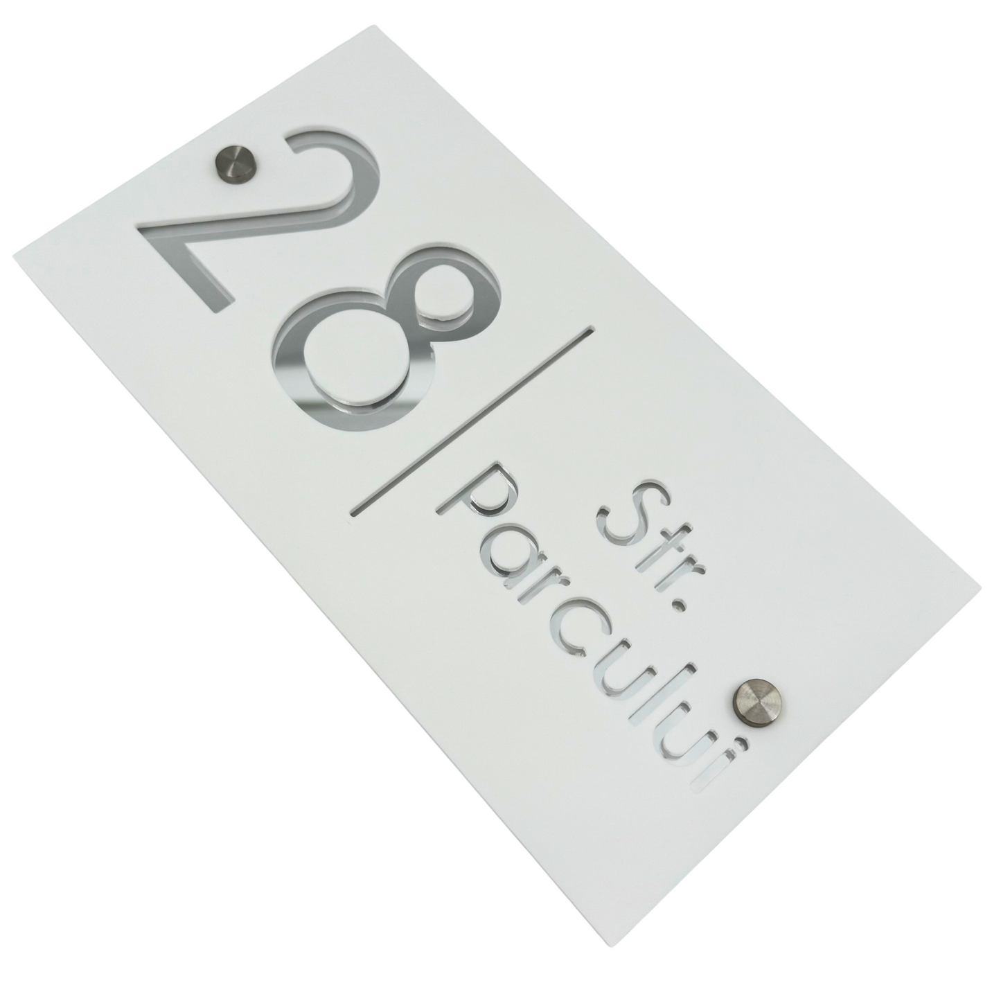 PREMIUM HOUSE NUMBER - White Satin Silver Mirror 2 Spacers Silver - 28×15 cm