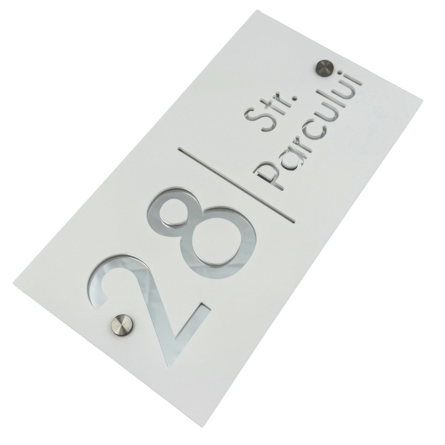 PREMIUM HOUSE NUMBER - White Satin Silver Mirror 2 Spacers Silver - 28×15 cm