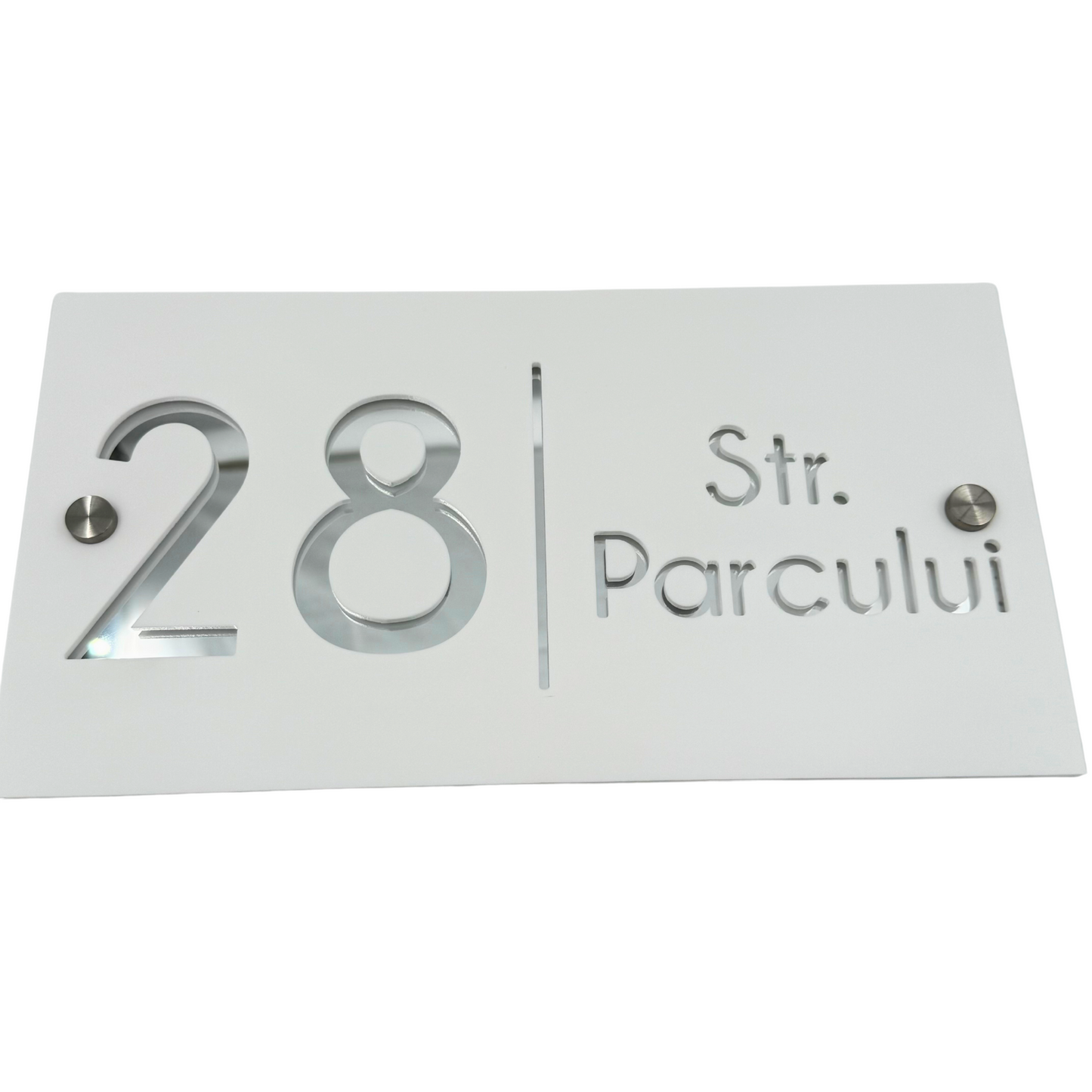 PREMIUM HOUSE NUMBER - White Satin Silver Mirror 2 Spacers Silver - 28×15 cm