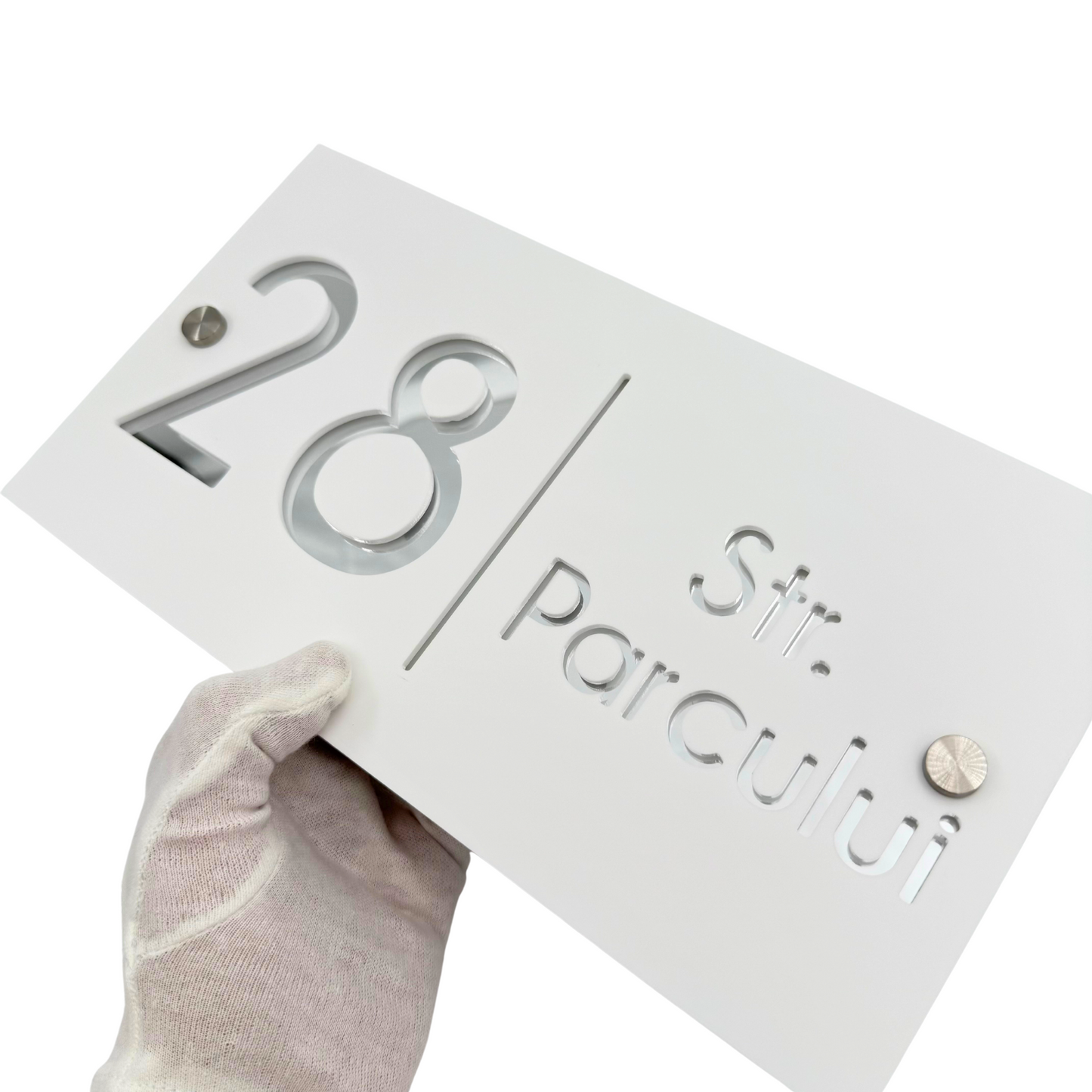 PREMIUM HOUSE NUMBER - White Satin Silver Mirror 2 Spacers Silver - 28×15 cm
