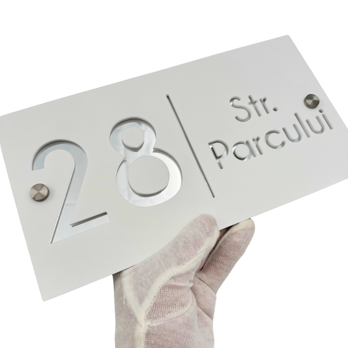 PREMIUM HOUSE NUMBER - White Satin Silver Mirror 2 Spacers Silver - 28×15 cm