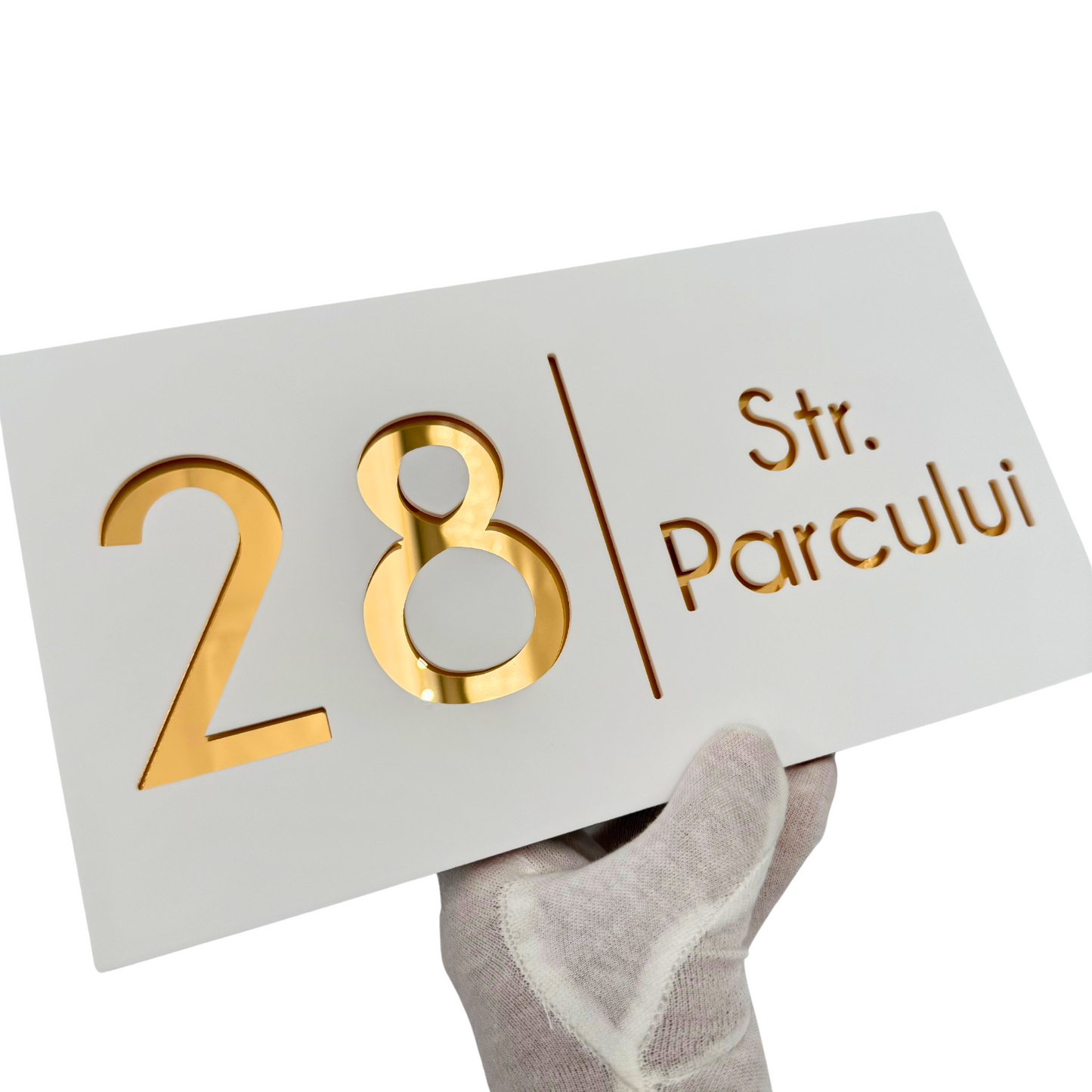 PREMIUM HOUSE NUMBER - White Satin Gold Mirror - 28×15 cm